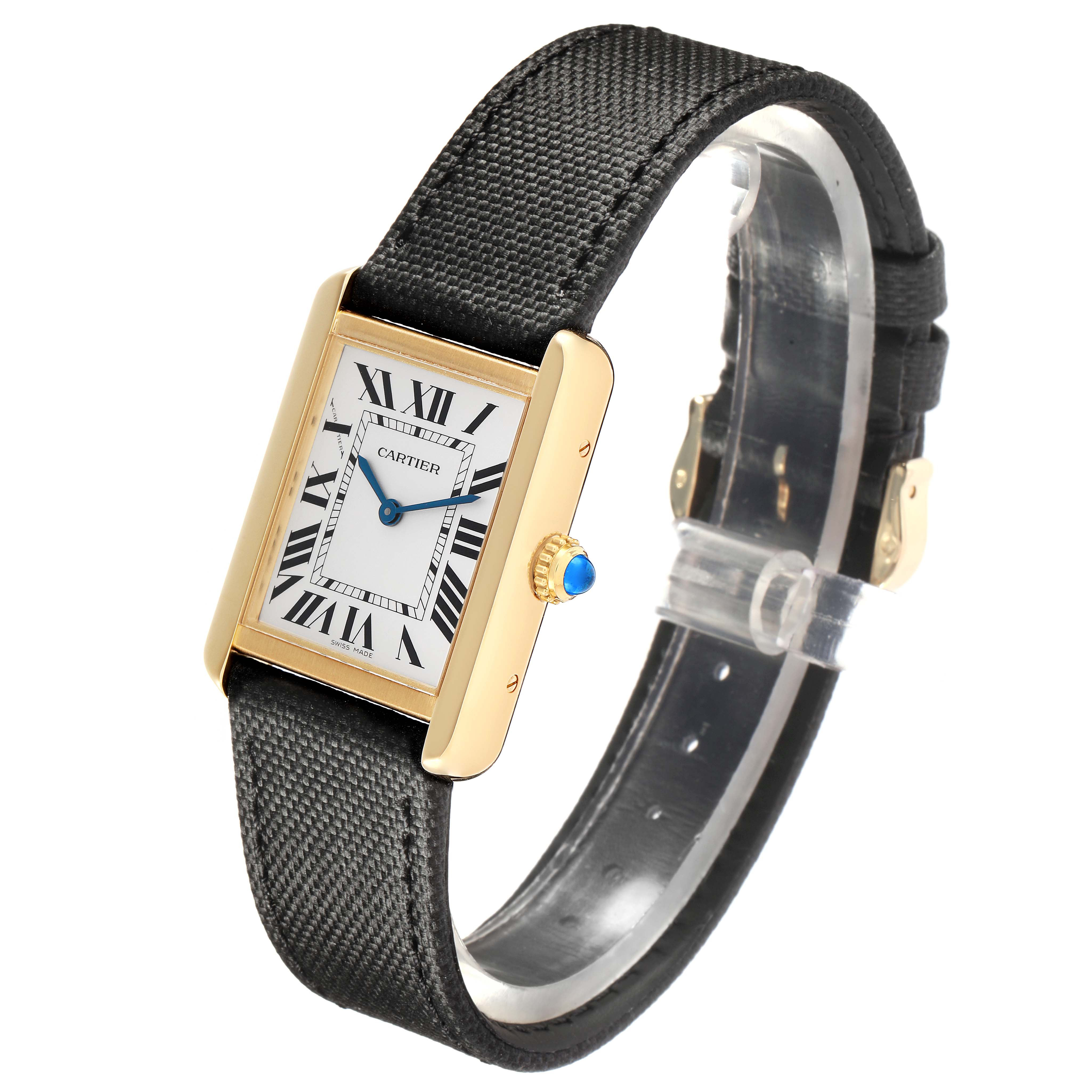 The Cartier Tank Solo W5200002 Women
s Steel and Gold (two tone) Silver Dial watch is shown at a three-quarter angle, highlighting the face, crown, and black strap.