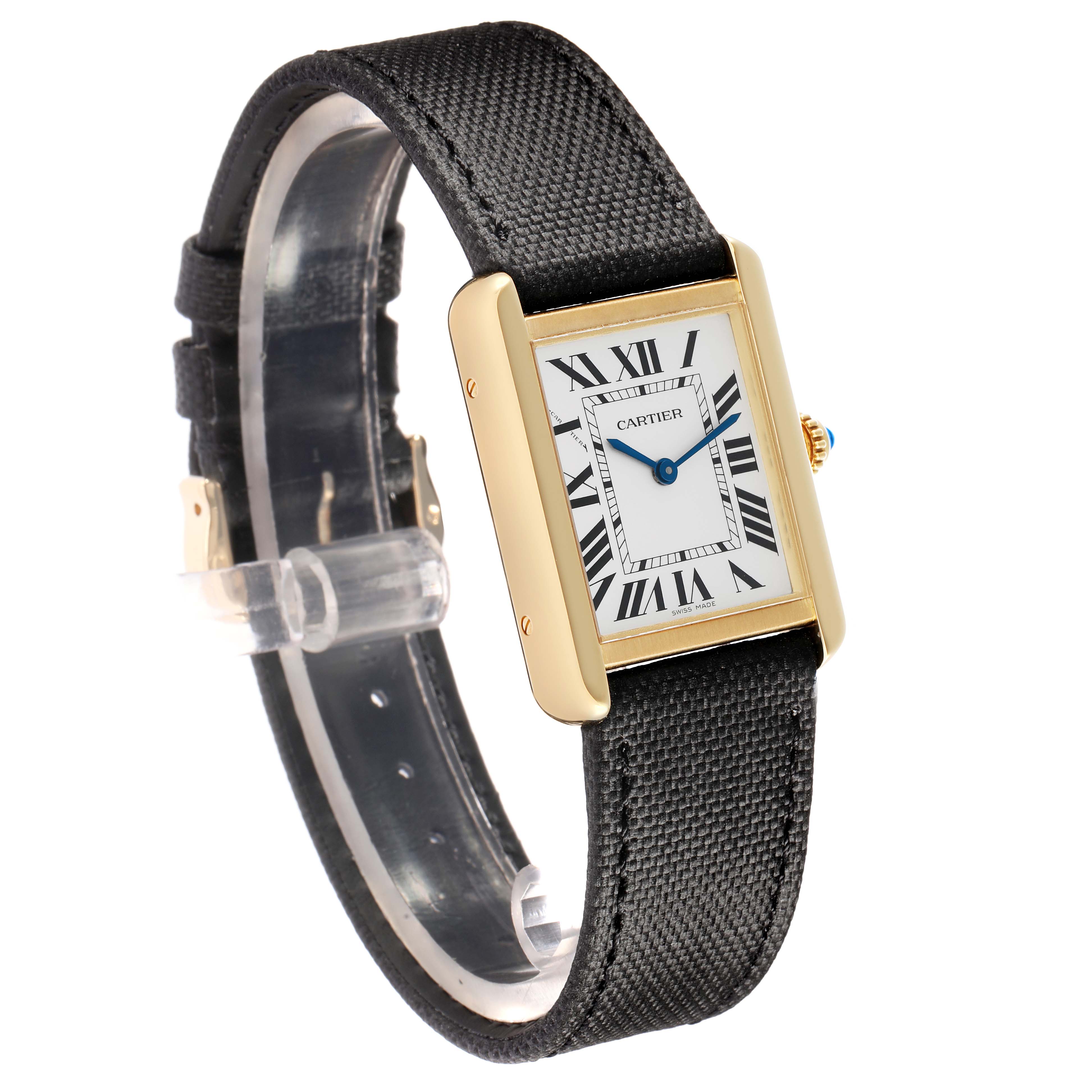The Cartier Tank Solo W5200002 Women
s Steel and Gold (two tone) Silver Dial watch is shown at a three-quarter angle, highlighting the face, case, and leather strap.