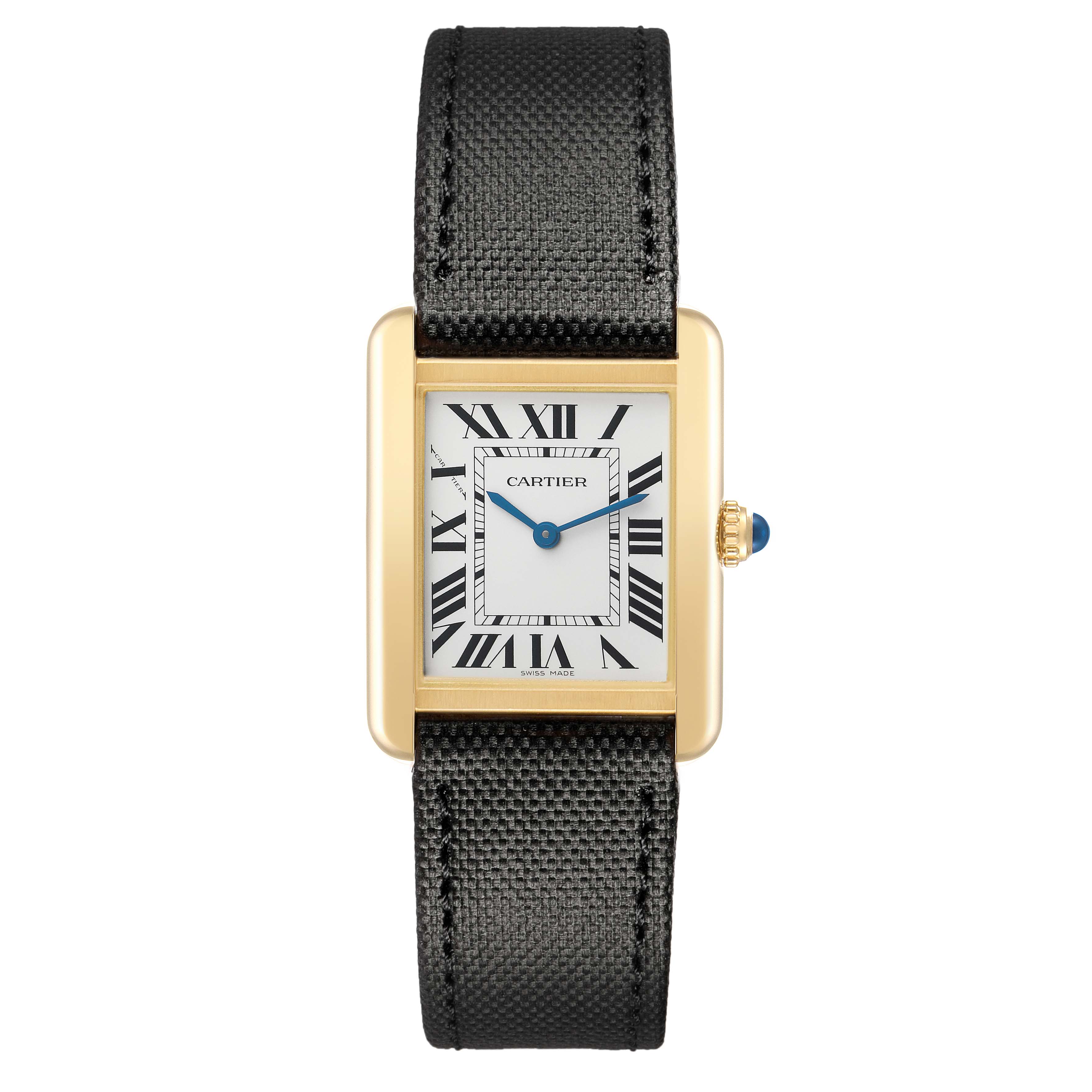 The Cartier Tank Solo W5200002 Women
s Steel and Gold (two tone) Silver Dial watch is shown from a front view, displaying the face, gold case, black strap, and crown.