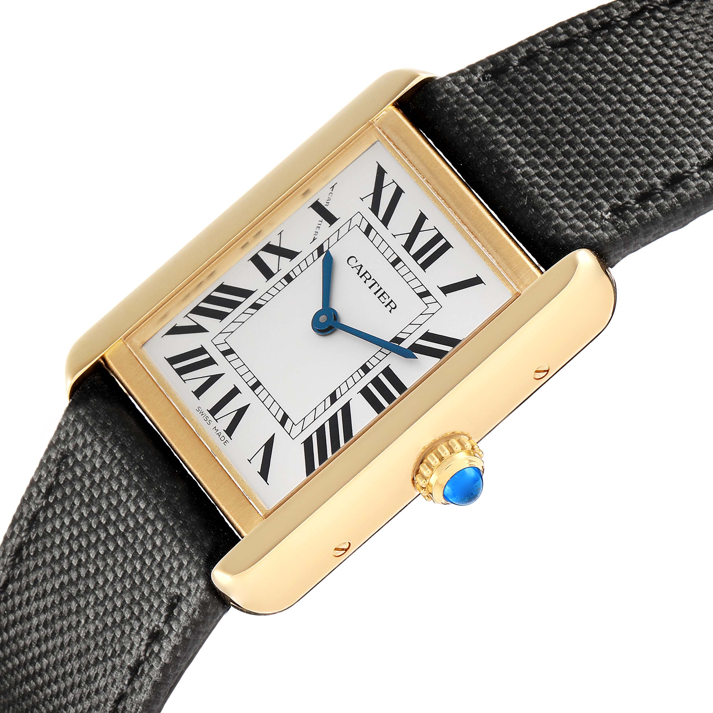 The Cartier Tank Solo W5200002 Women
s Steel and Gold (two tone) Silver Dial watch is shown from an angled side view displaying the face, Roman numerals, and distinctive blue sapphire crown.