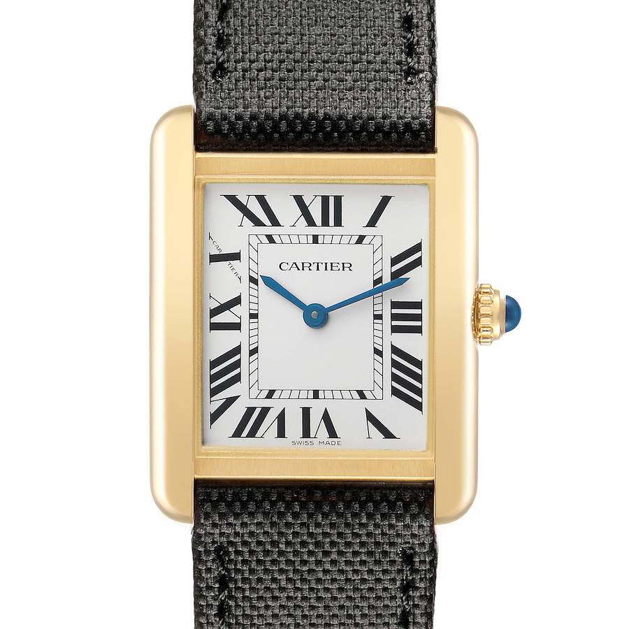 The Cartier Tank Solo W5200002 Women's Steel and Gold (two tone) Silver Dial watch is shown from a front angle, displaying the dial, Roman numerals, and crown detail.