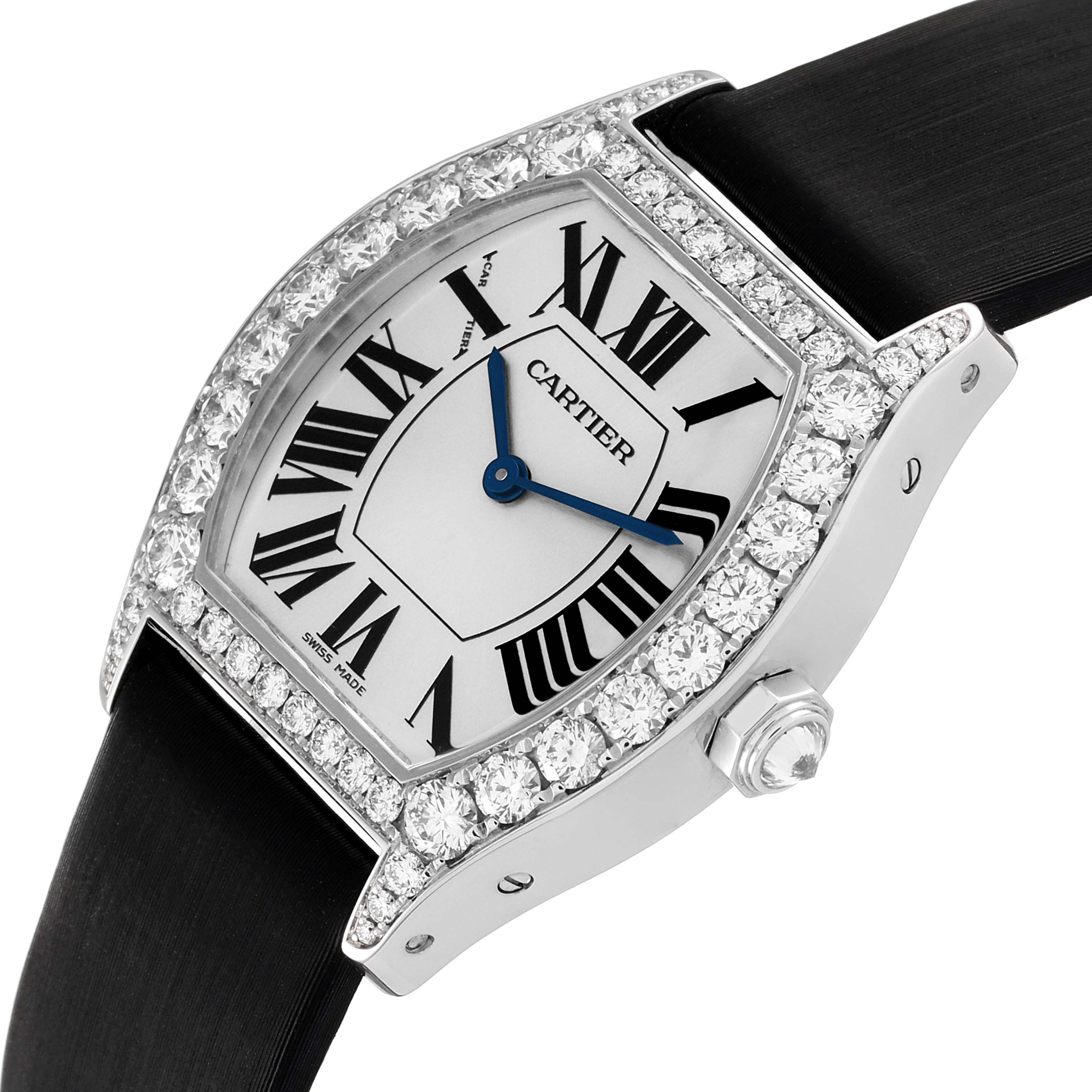 This image shows a Cartier Tortue WA507231 Women's White Gold Silver Dial WA507231 Women's White Gold Silver Dial watch from an angled view, highlighting its diamond-encrusted bezel and black strap.