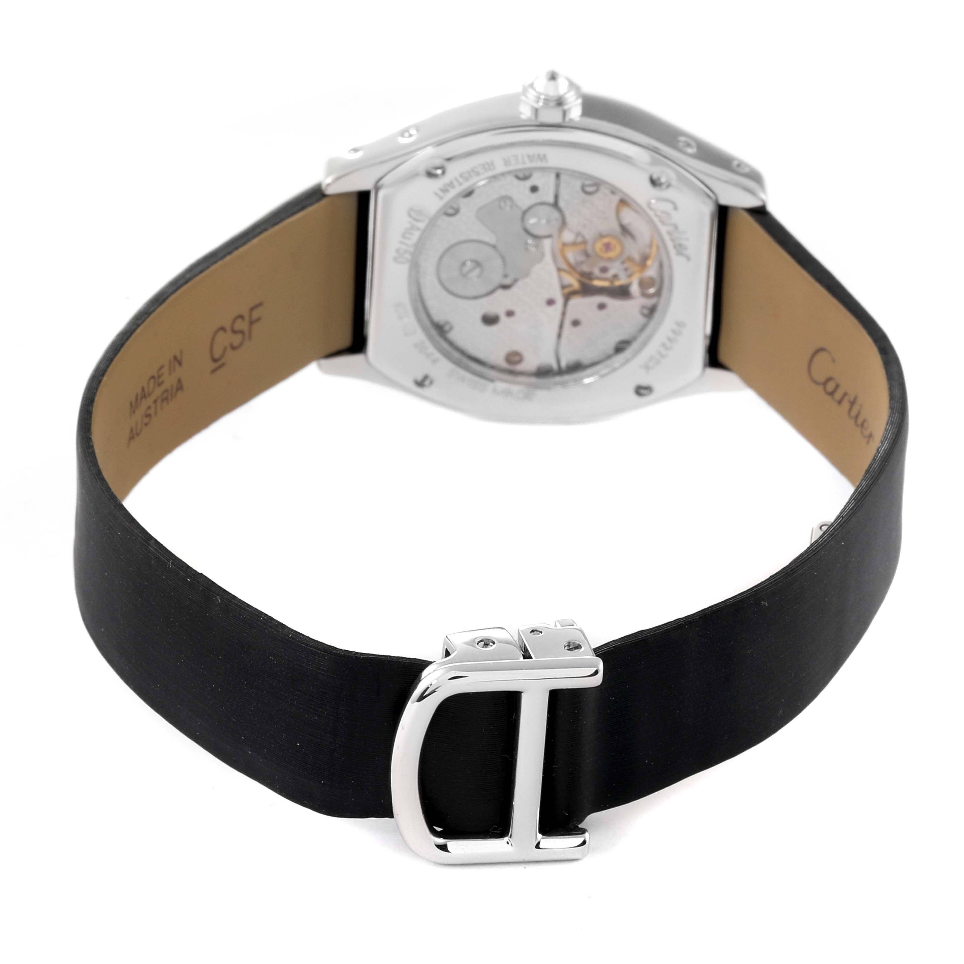 This image shows the back view of a Cartier Tortue WA507231 Women's White Gold Silver Dial WA507231 Women's White Gold Silver Dial watch, highlighting its mechanism and strap with a buckle.