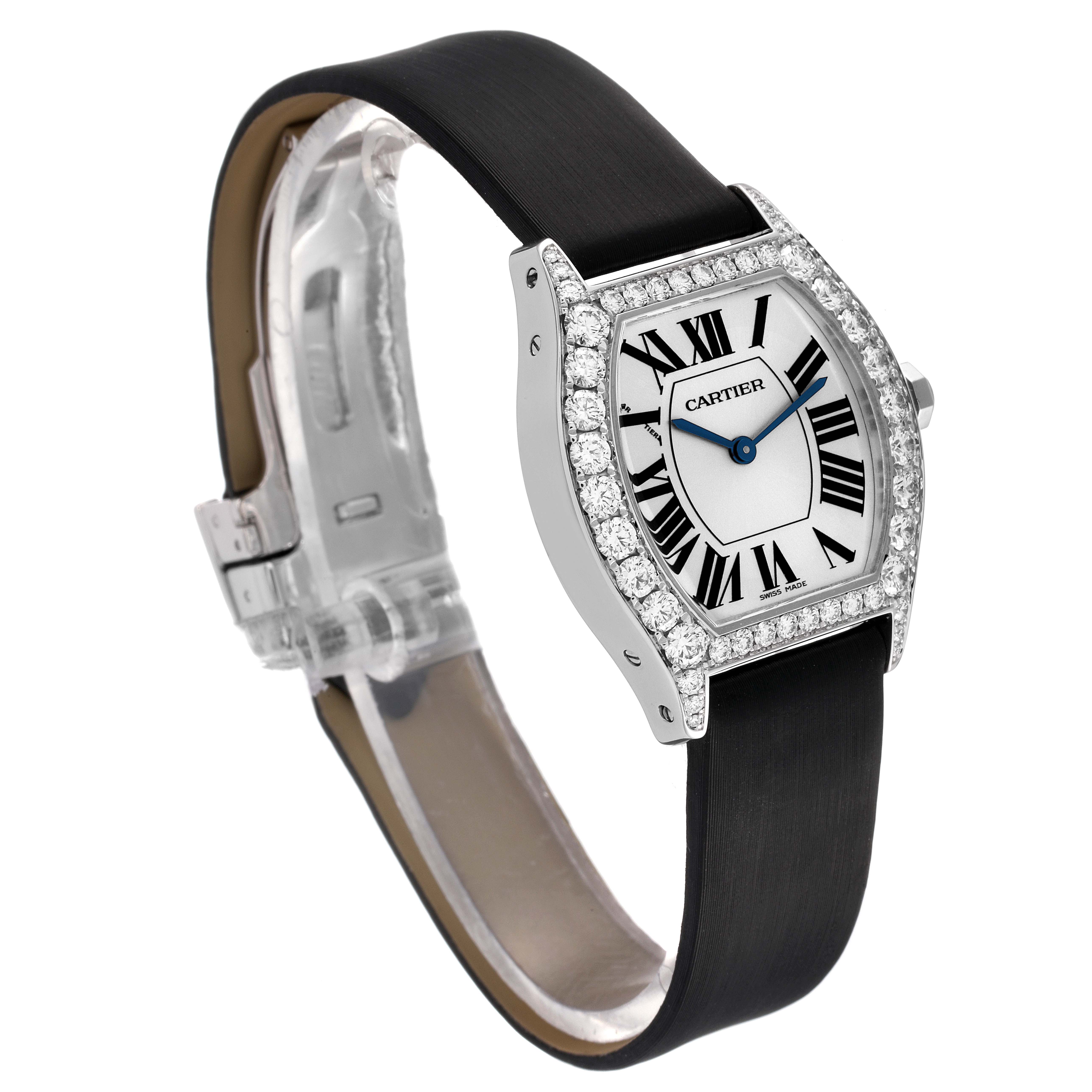 The Cartier Tortue WA507231 Women's White Gold Silver Dial WA507231 Women's White Gold Silver Dial watch is shown at an angle highlighting the face, bezel, and strap.