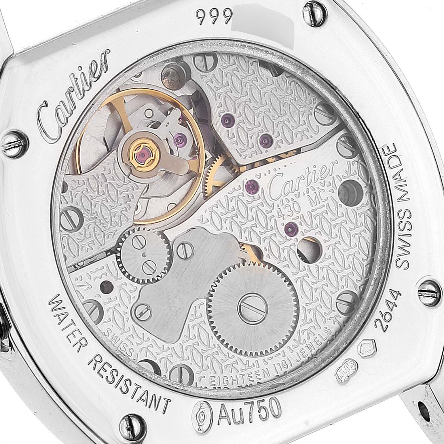 This image shows the back view of the Cartier Tortue WA507231 Women's White Gold Silver Dial WA507231 Women's White Gold Silver Dial watch, revealing its intricate movement and inner mechanics.