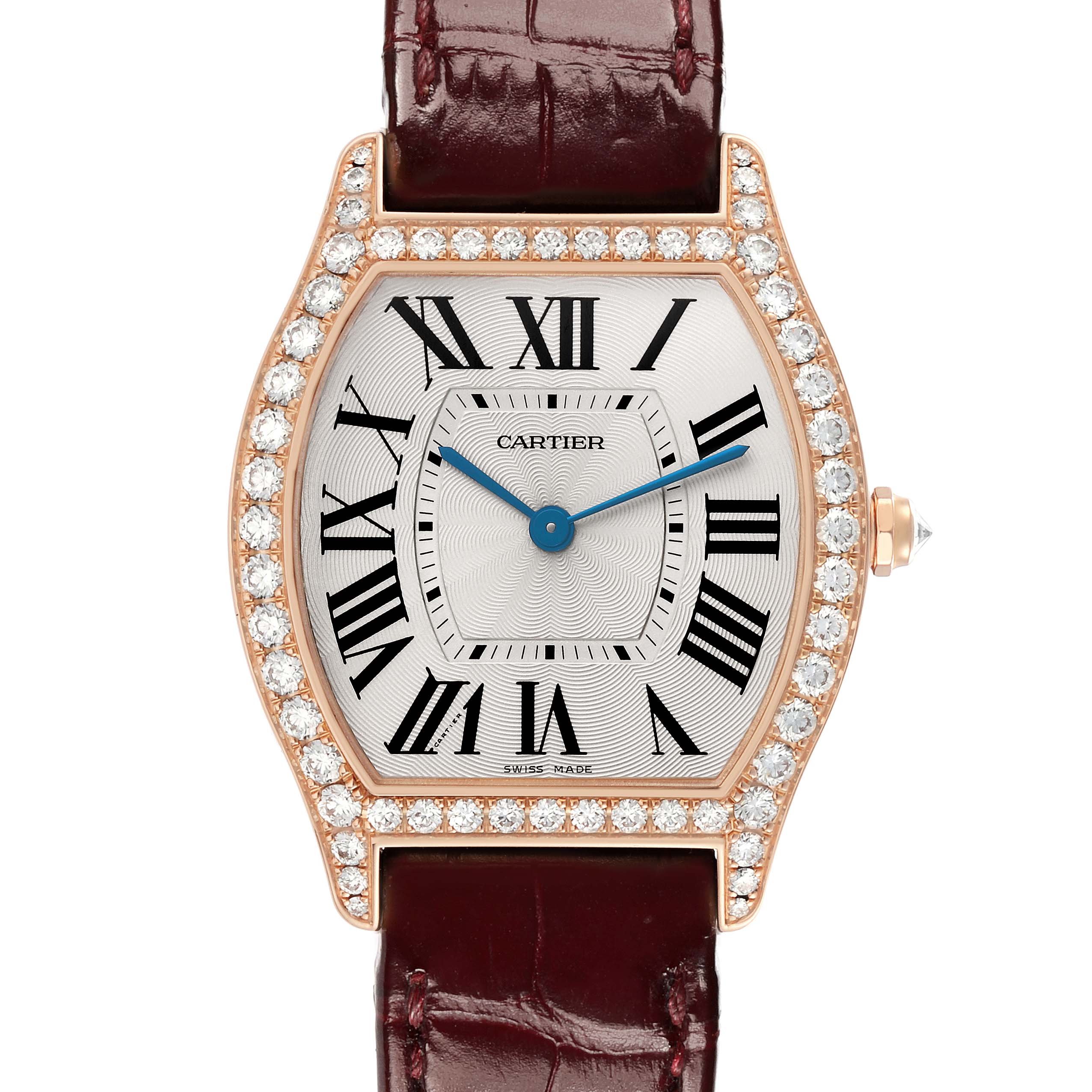 The Cartier Tortue WA501008 Women
s Rose Gold Silver Dial watch is shown from a front angle, displaying the dial, bezel, and part of the strap.