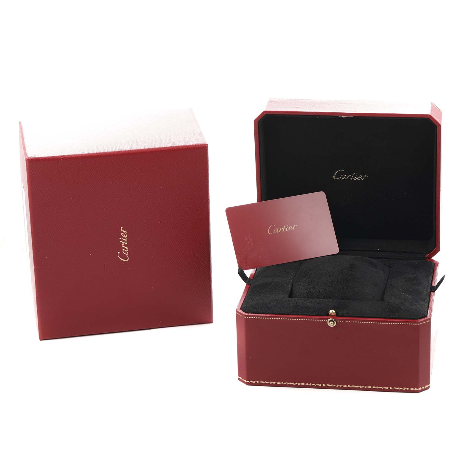 The image shows a Cartier Tortue WA501008 Women
s Rose Gold Silver Dial watch box, open with a presentation pillow and a branded card, alongside a matching outer box.