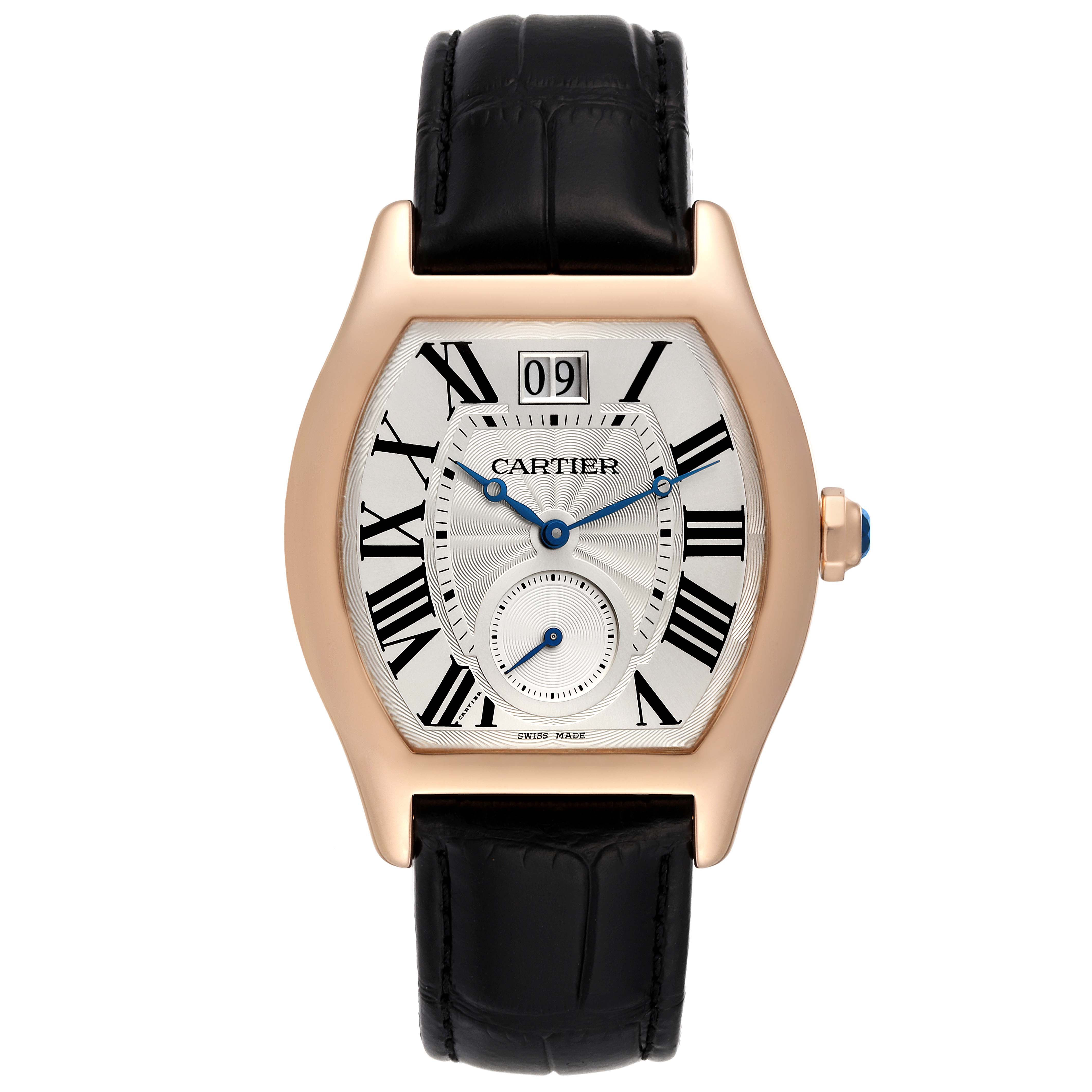 The Cartier Tortue W1556234 Men
s Rose Gold Silver Dial watch is shown from a front angle, highlighting the face, numerals, hands, and leather strap.
