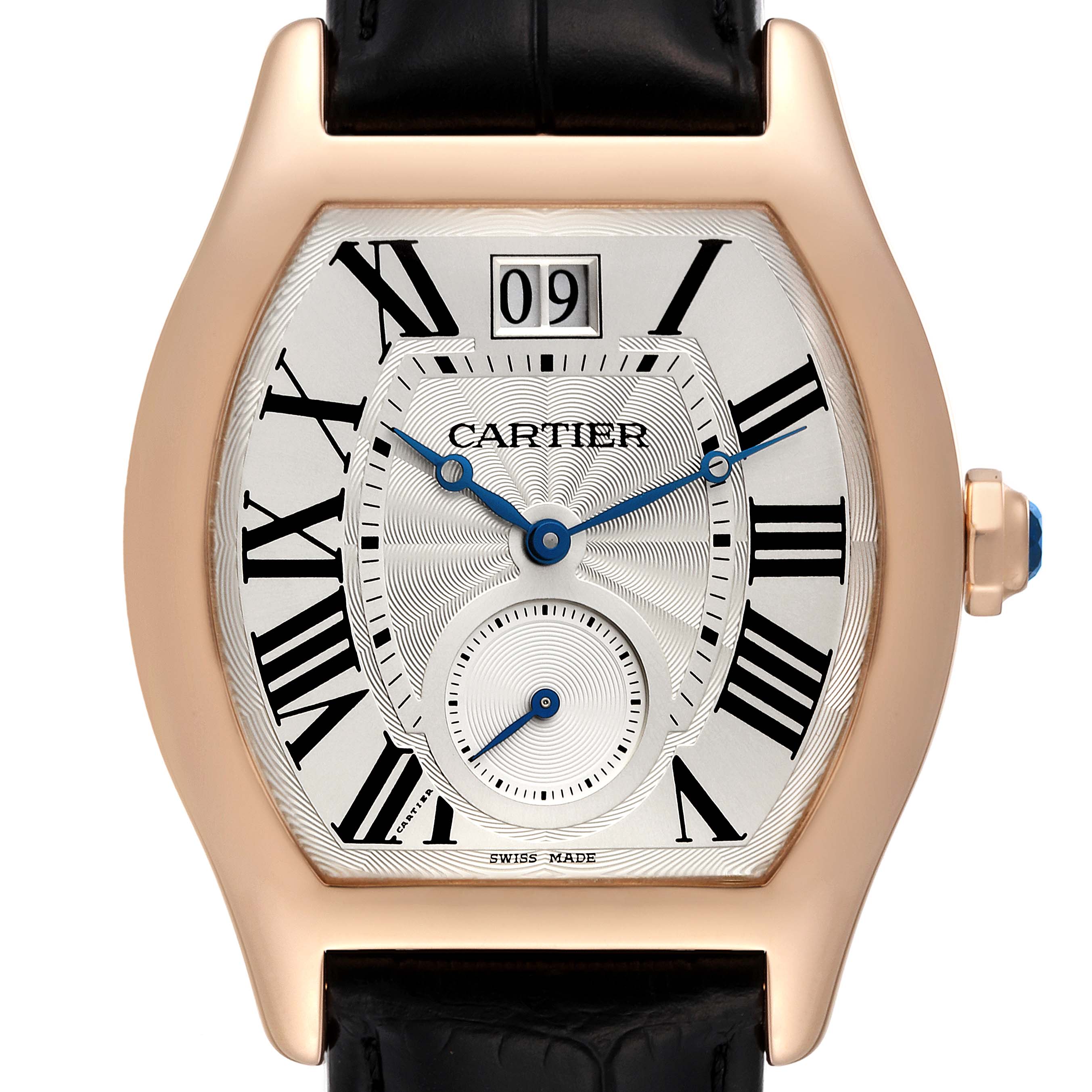 The Cartier Tortue W1556234 Men
s Rose Gold Silver Dial watch is shown from the front, displaying its dial, Roman numerals, hands, and date window.