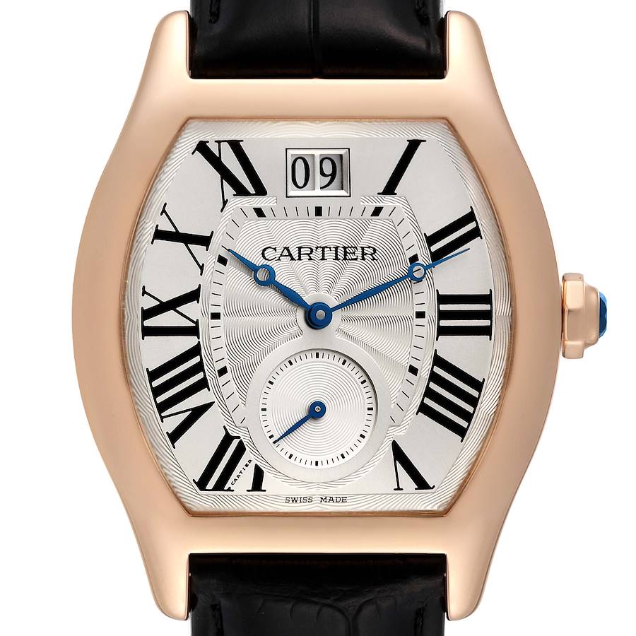 The Cartier Tortue W1556234 Men's Rose Gold Silver Dial watch is shown from the front, displaying its dial, Roman numerals, hands, and date window.