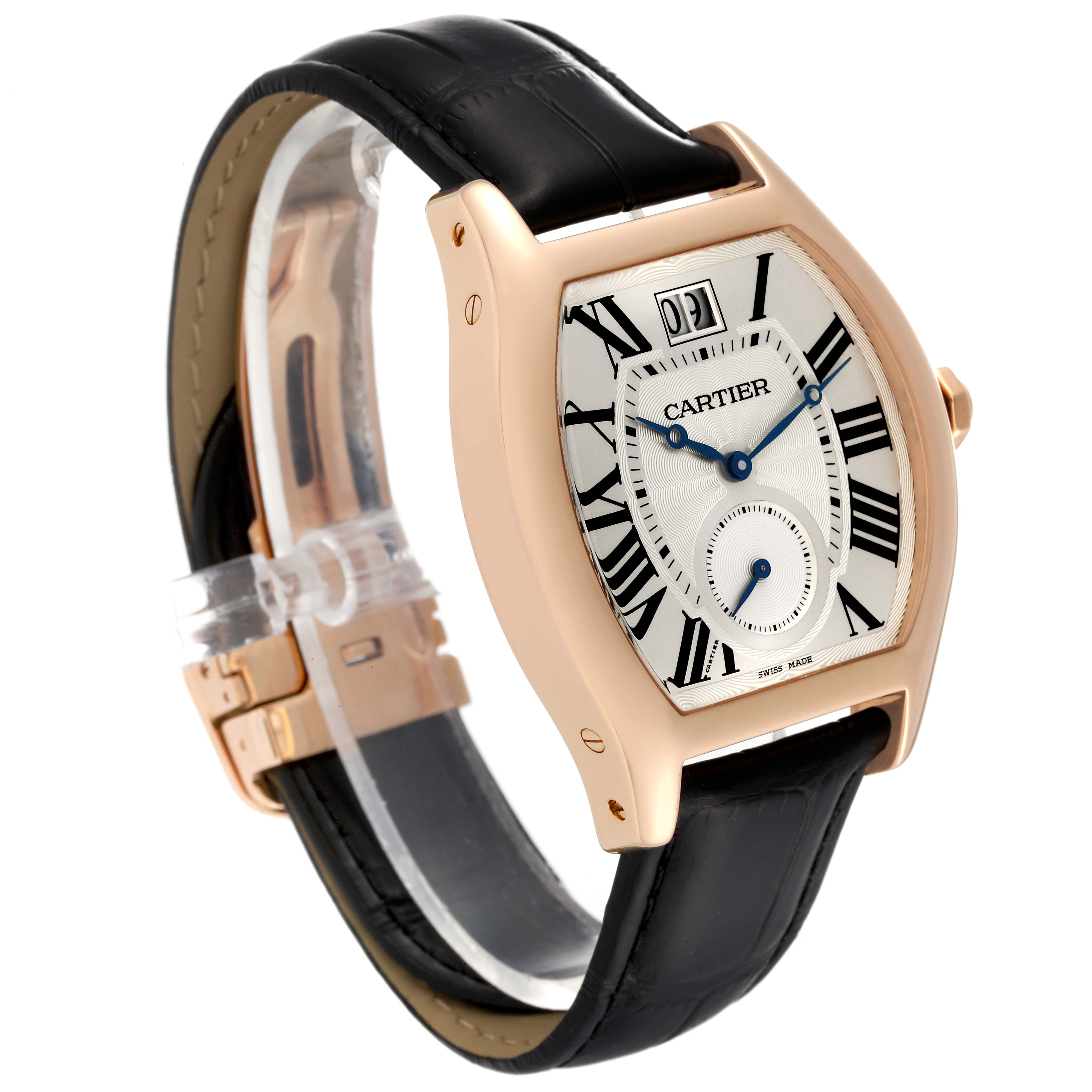 The Cartier Tortue W1556234 Men
s Rose Gold Silver Dial watch is shown at an angle highlighting its face, crown, and black leather strap.
