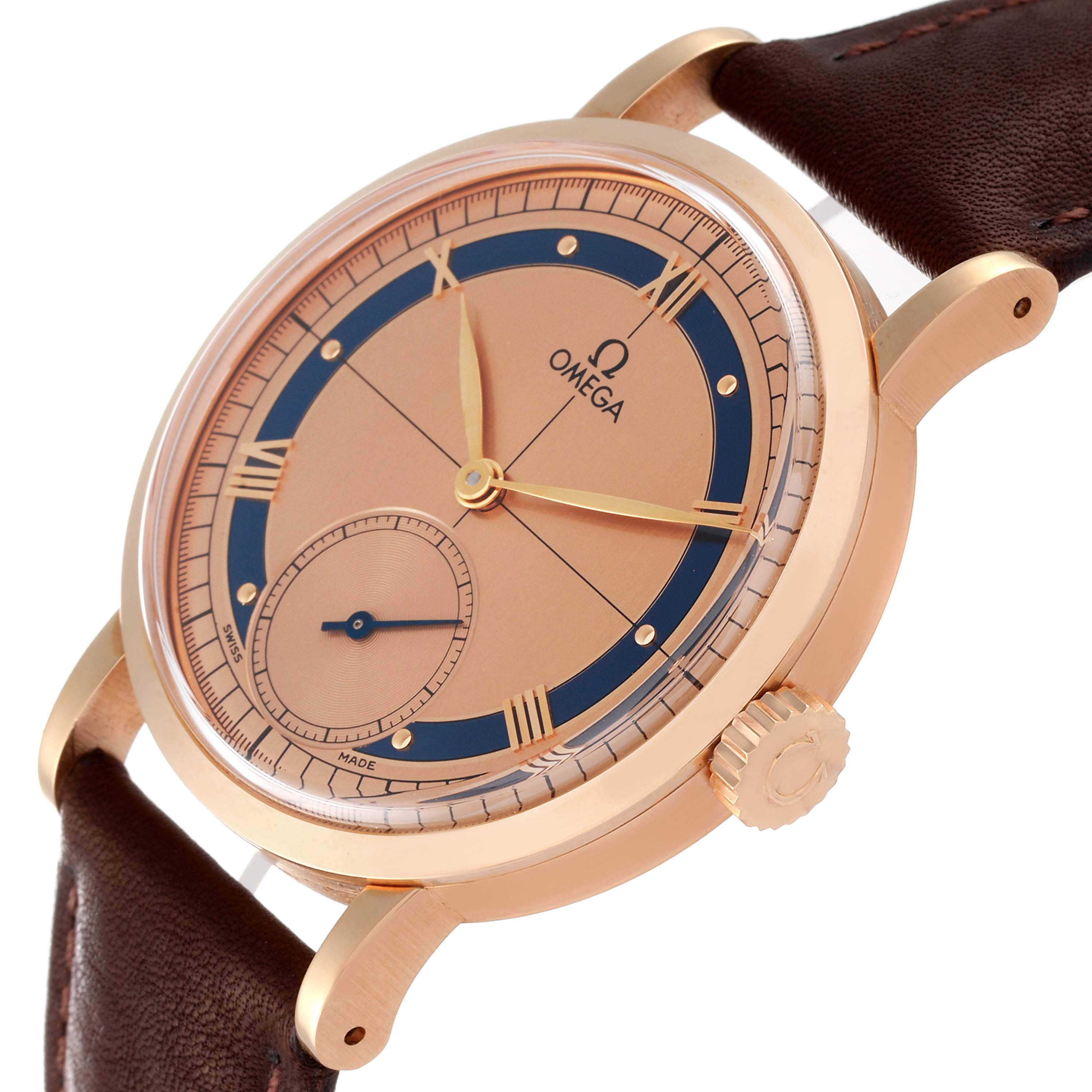 This image shows a close-up, angled view of the face and crown of an Omega Seamaster 5950.30.03 Men's Rose Gold Brown Dial 5950.30.03 Men's Rose Gold Brown Dial watch with a leather strap.