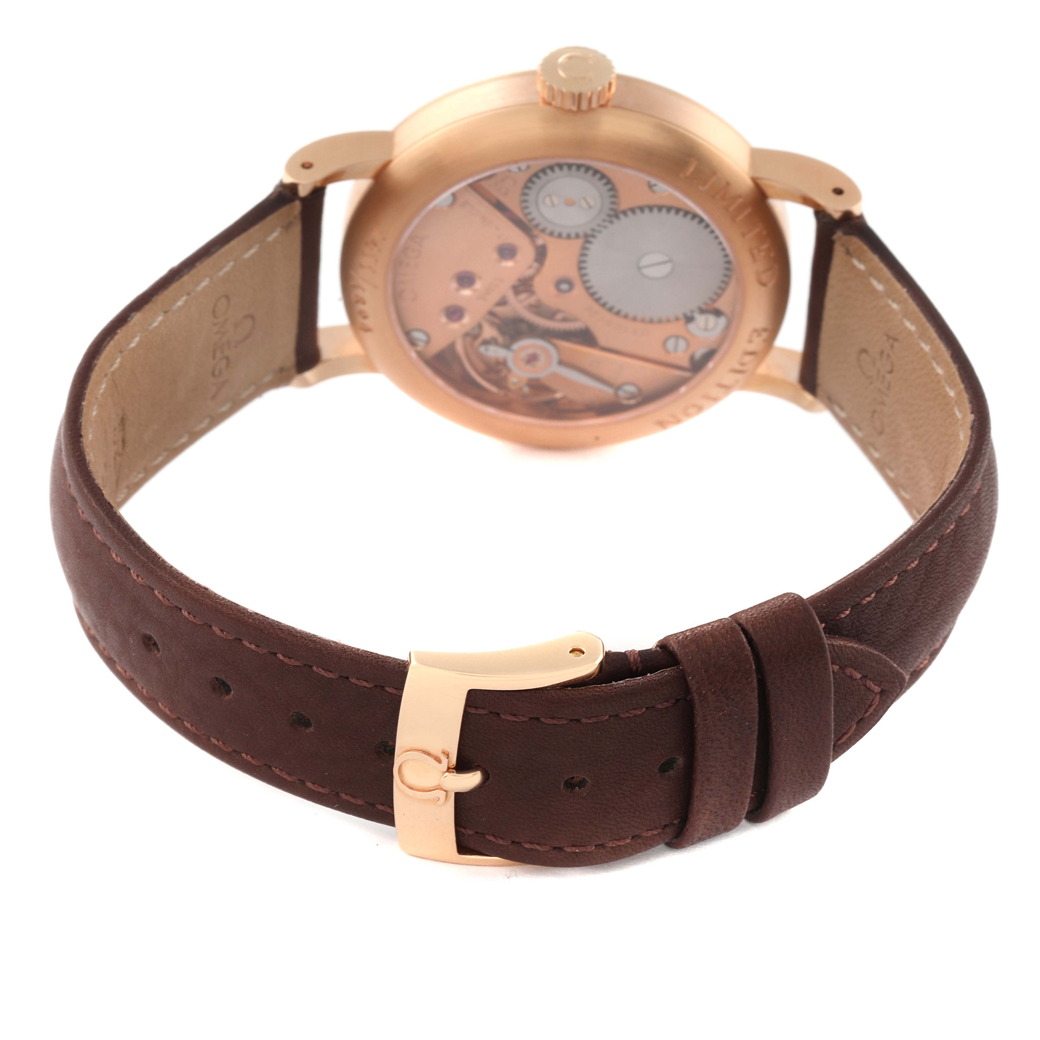 This image shows the back angle of the Omega Seamaster 5950.30.03 Men's Rose Gold Brown Dial 5950.30.03 Men's Rose Gold Brown Dial watch, highlighting the movement and brown leather strap with a clasp.