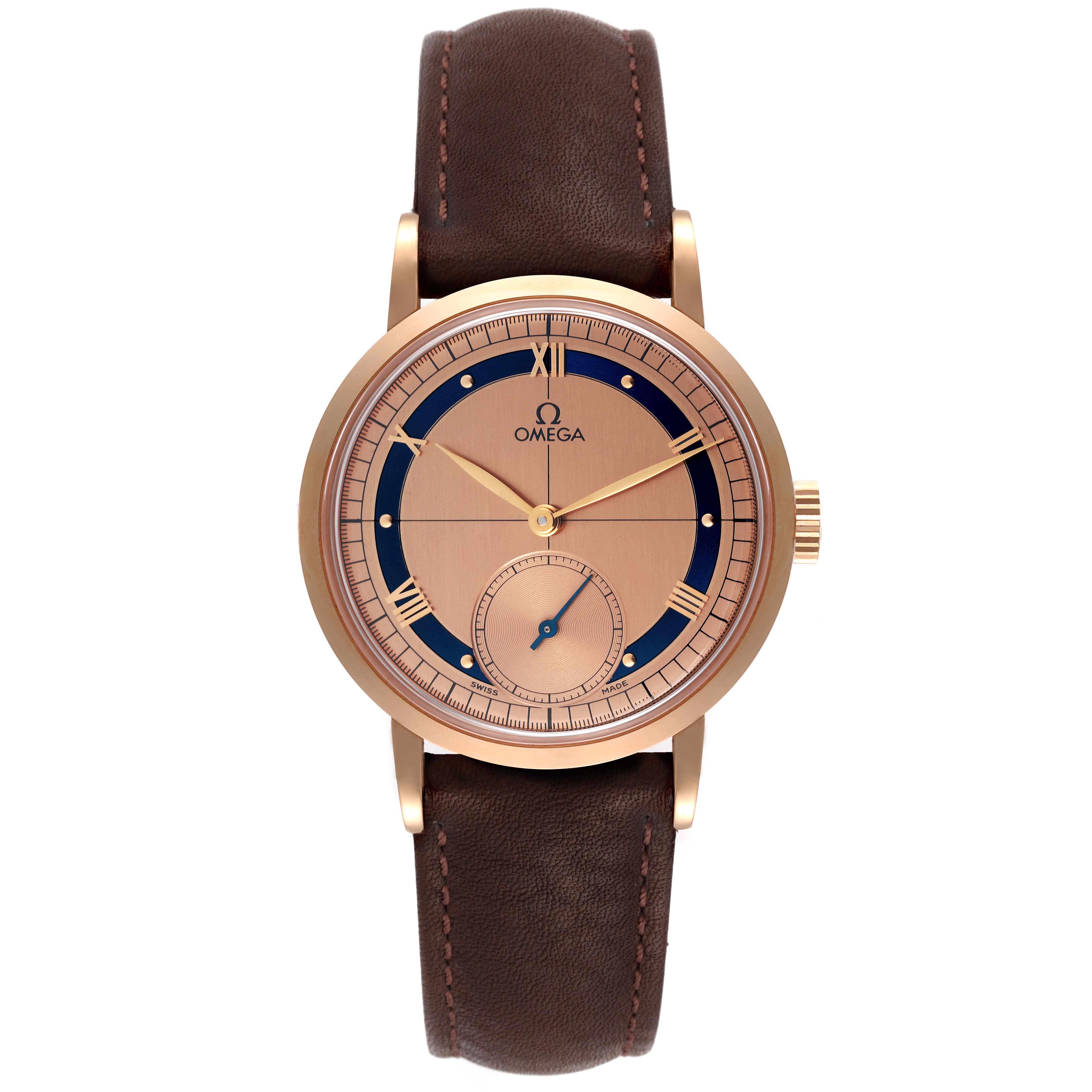 The image showcases a front view of an Omega Seamaster 5950.30.03 Men's Rose Gold Brown Dial 5950.30.03 Men's Rose Gold Brown Dial watch with a brown leather strap and a rose gold case.