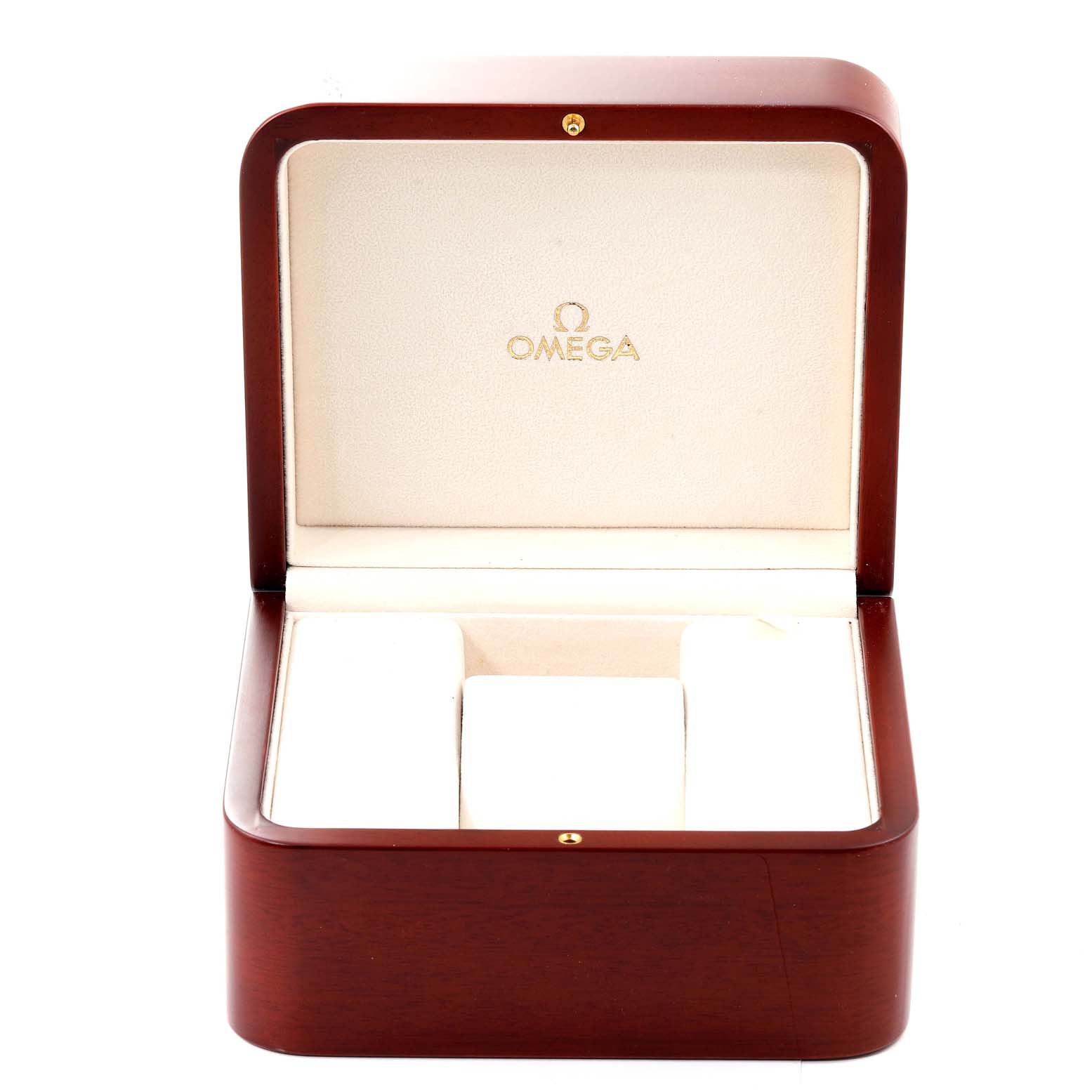 The image shows an open box for an Omega Seamaster 5950.30.03 Men's Rose Gold Brown Dial 5950.30.03 Men's Rose Gold Brown Dial watch, featuring a wooden exterior and plush interior.