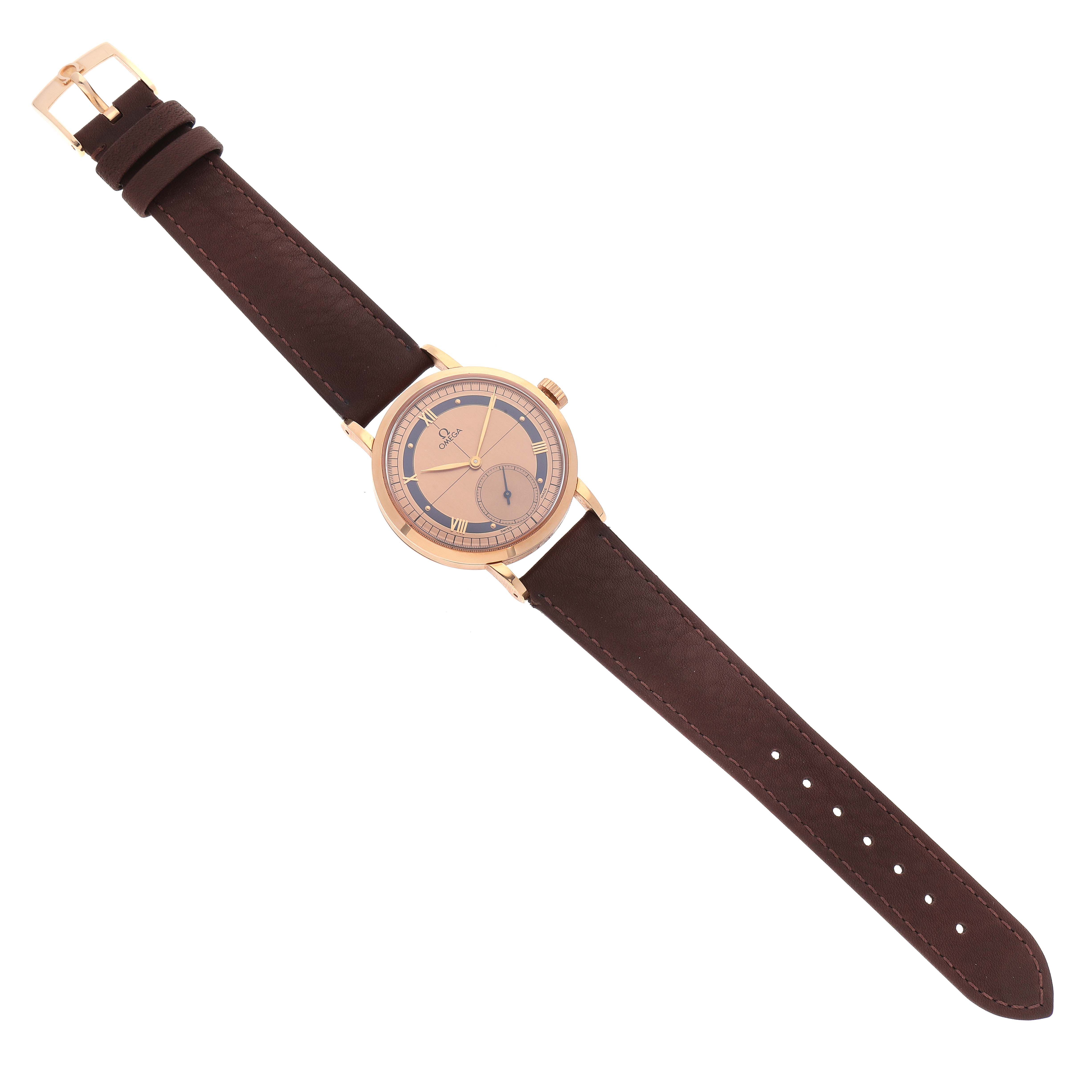 This image shows an Omega Seamaster 5950.30.03 Men's Rose Gold Brown Dial 5950.30.03 Men's Rose Gold Brown Dial watch with a brown leather strap, viewed from a top-down angle.