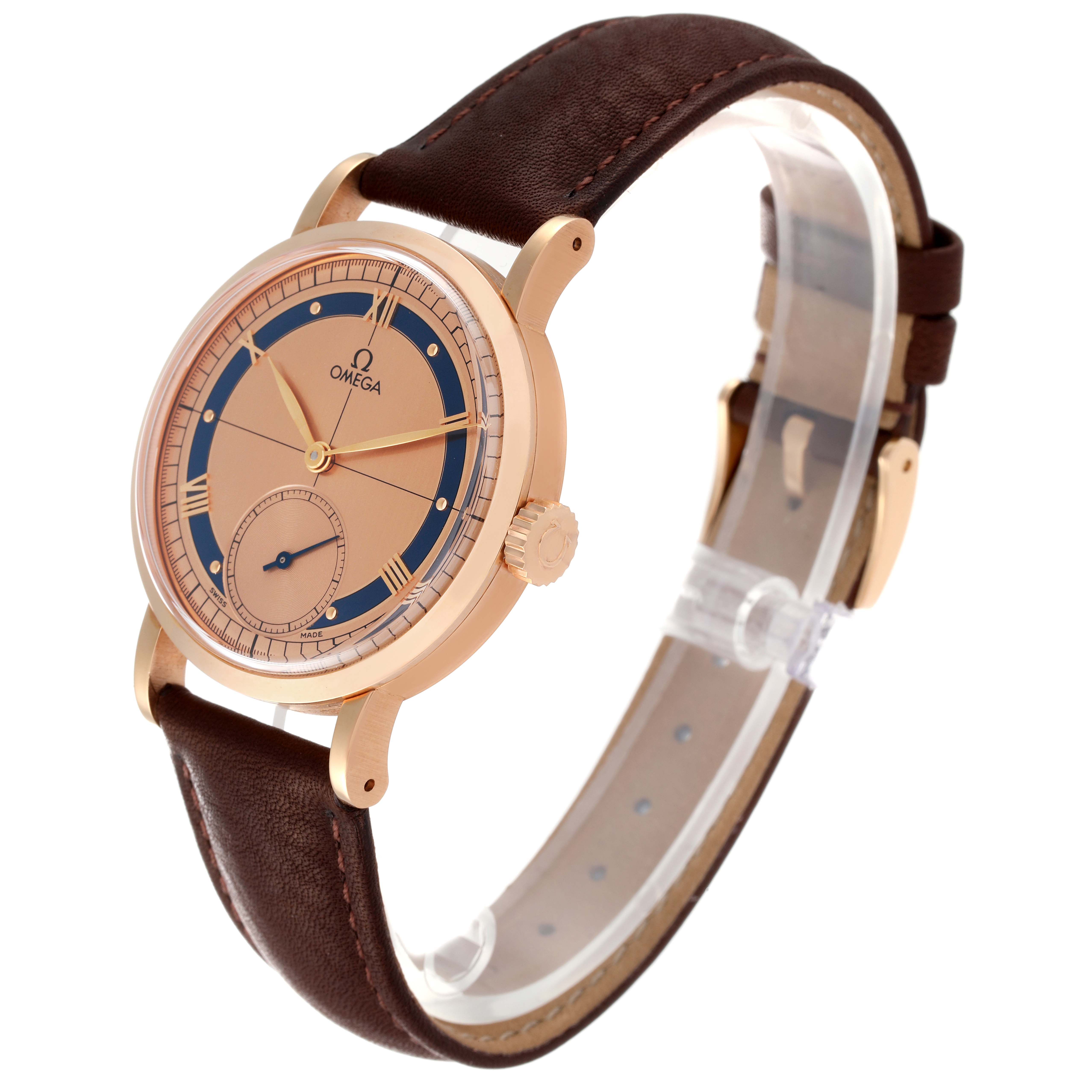 This image shows an Omega Seamaster 5950.30.03 Men's Rose Gold Brown Dial 5950.30.03 Men's Rose Gold Brown Dial watch from an angled side view, highlighting its dial, crown, and brown leather strap.