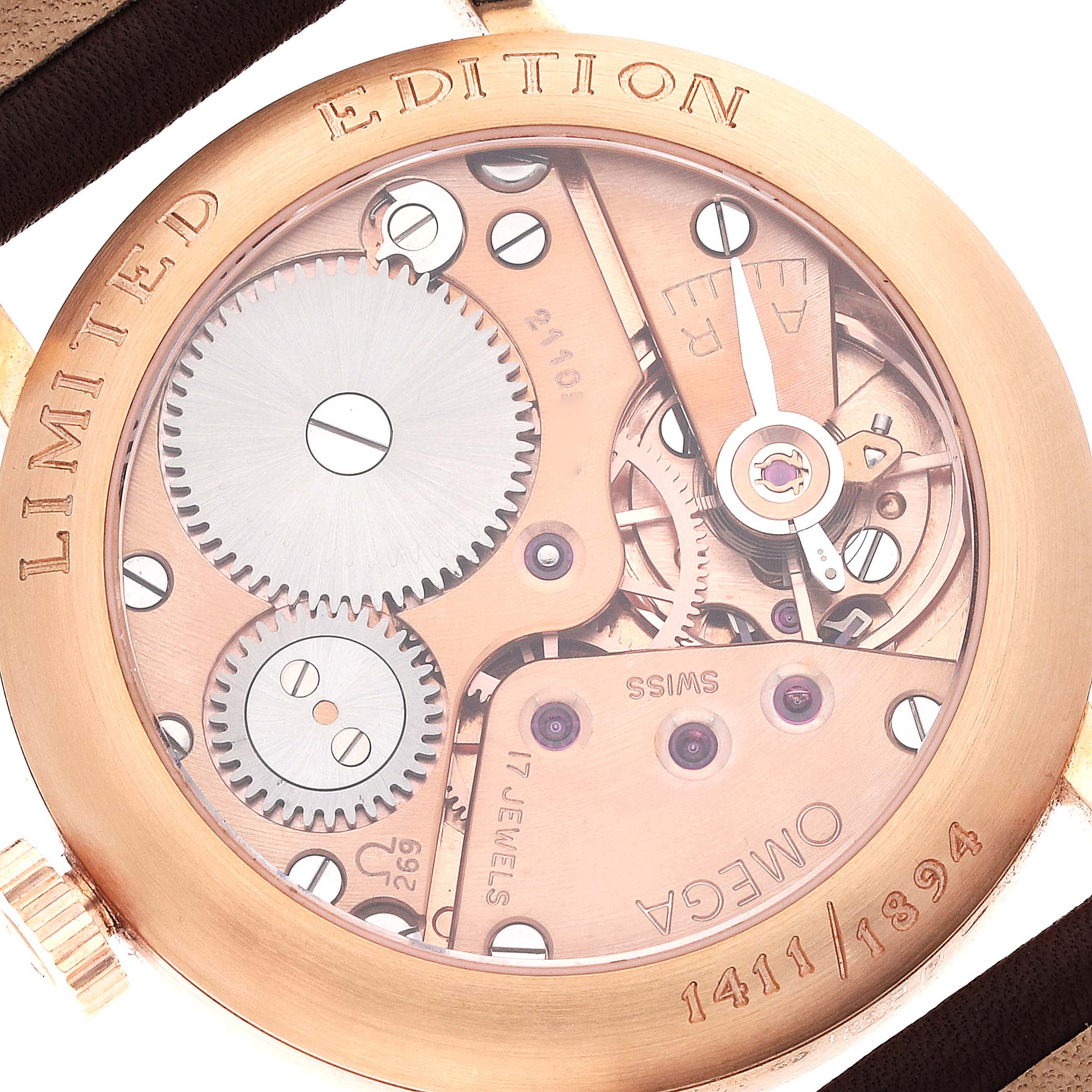 This image shows the back of the Omega Seamaster 5950.30.03 Men's Rose Gold Brown Dial 5950.30.03 Men's Rose Gold Brown Dial, revealing its intricate mechanical movement and "Limited Edition" engraving.