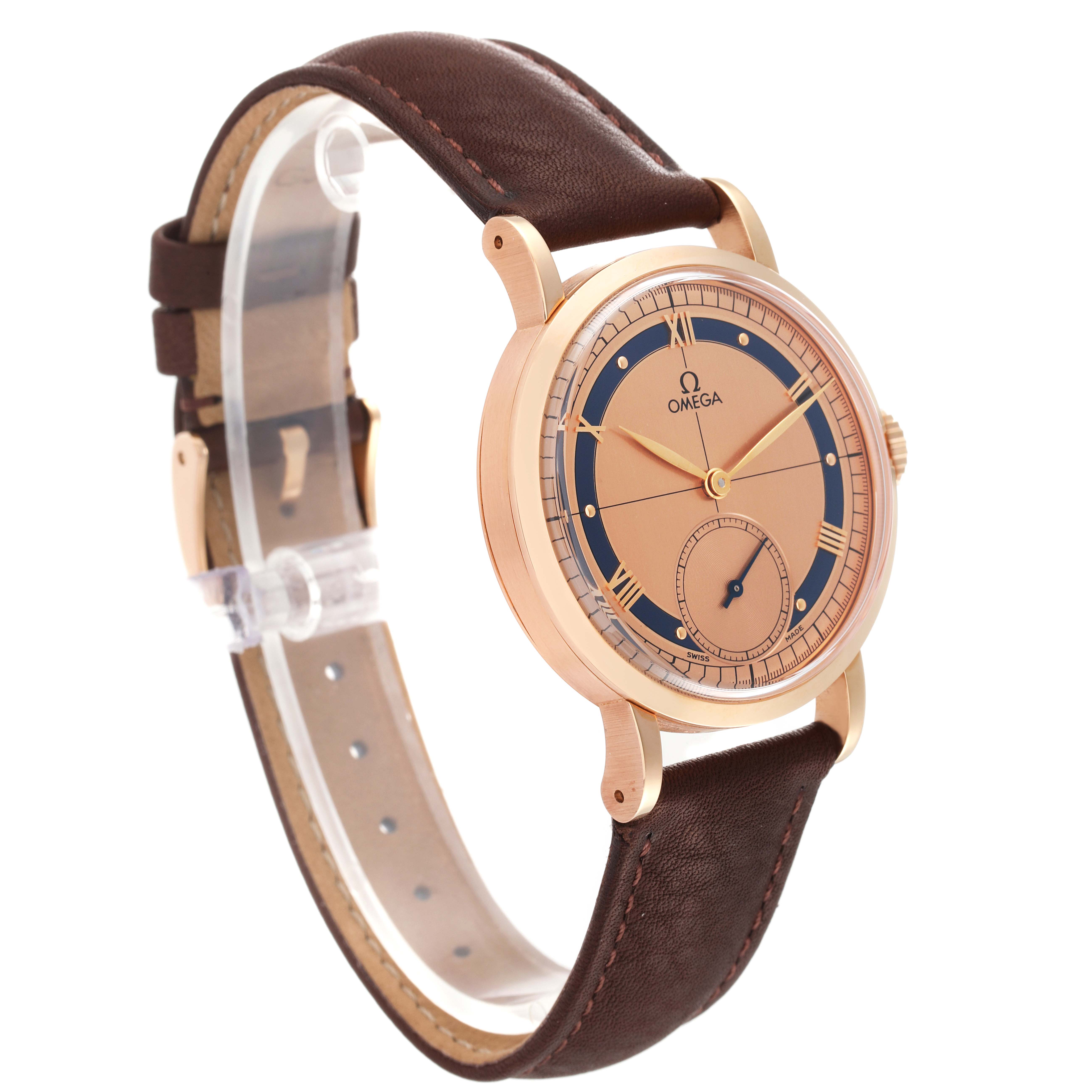 This image shows a side and front view of an Omega Seamaster 5950.30.03 Men's Rose Gold Brown Dial 5950.30.03 Men's Rose Gold Brown Dial watch with a brown leather strap and a gold-tone case.