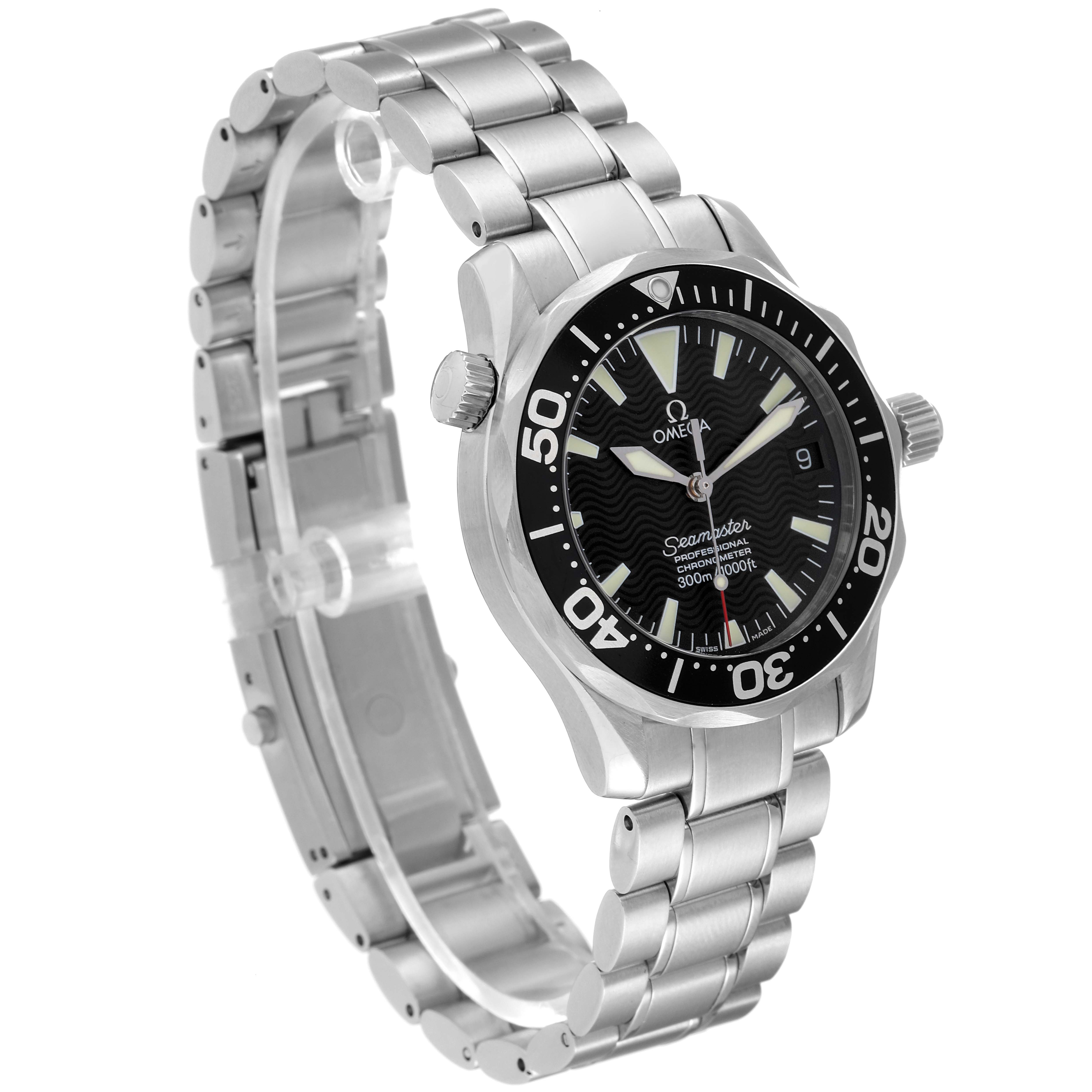 The Omega Seamaster 2252.50.00 Men's Stainless Steel Black Dial 2252.50.00 Men's Stainless Steel Black Dial watch is shown at an angle, displaying its face, bezel, crown, and metal bracelet.