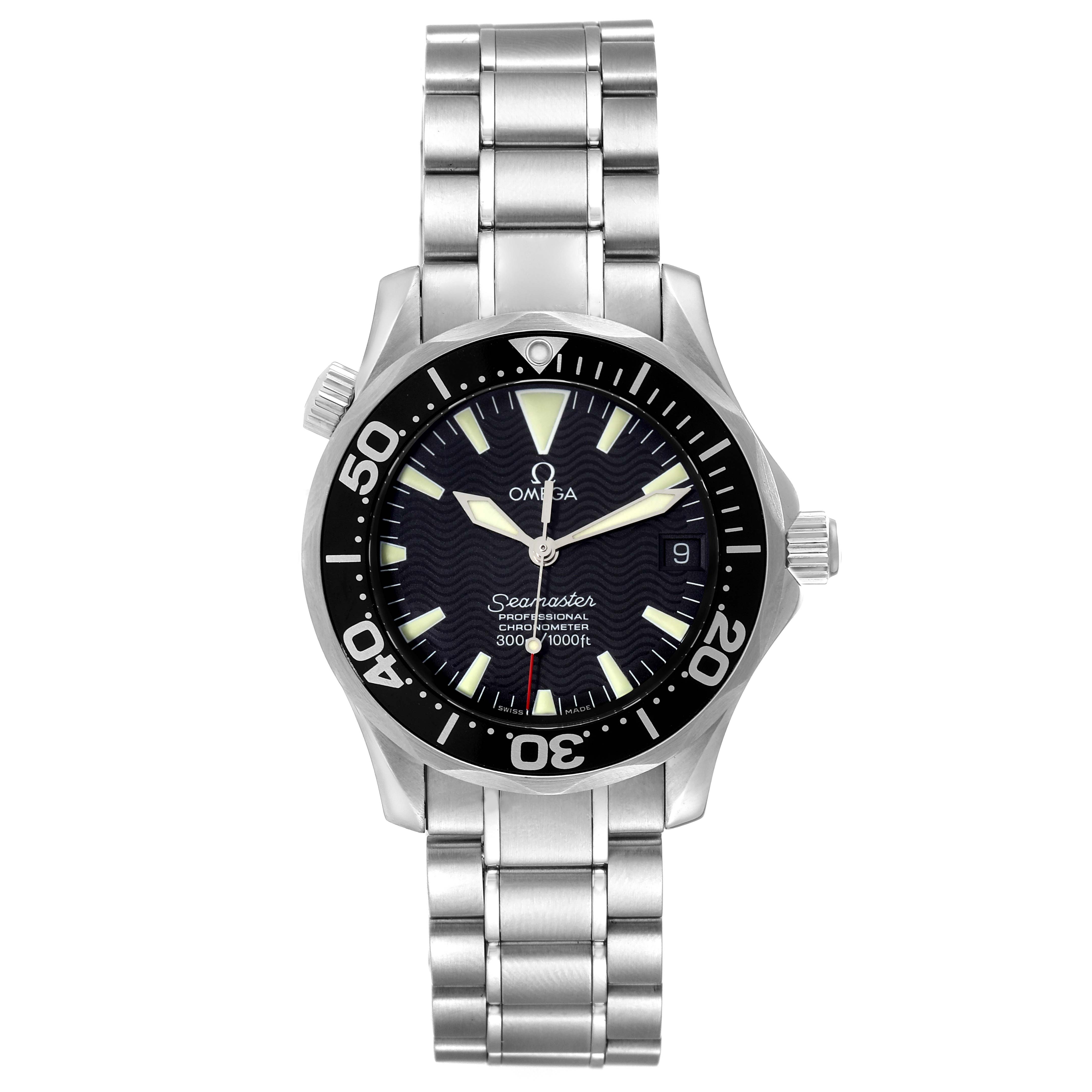 The photo shows a front view of the Omega Seamaster 2252.50.00 Men's Stainless Steel Black Dial 2252.50.00 Men's Stainless Steel Black Dial watch, highlighting the dial, bezel, and metal bracelet.