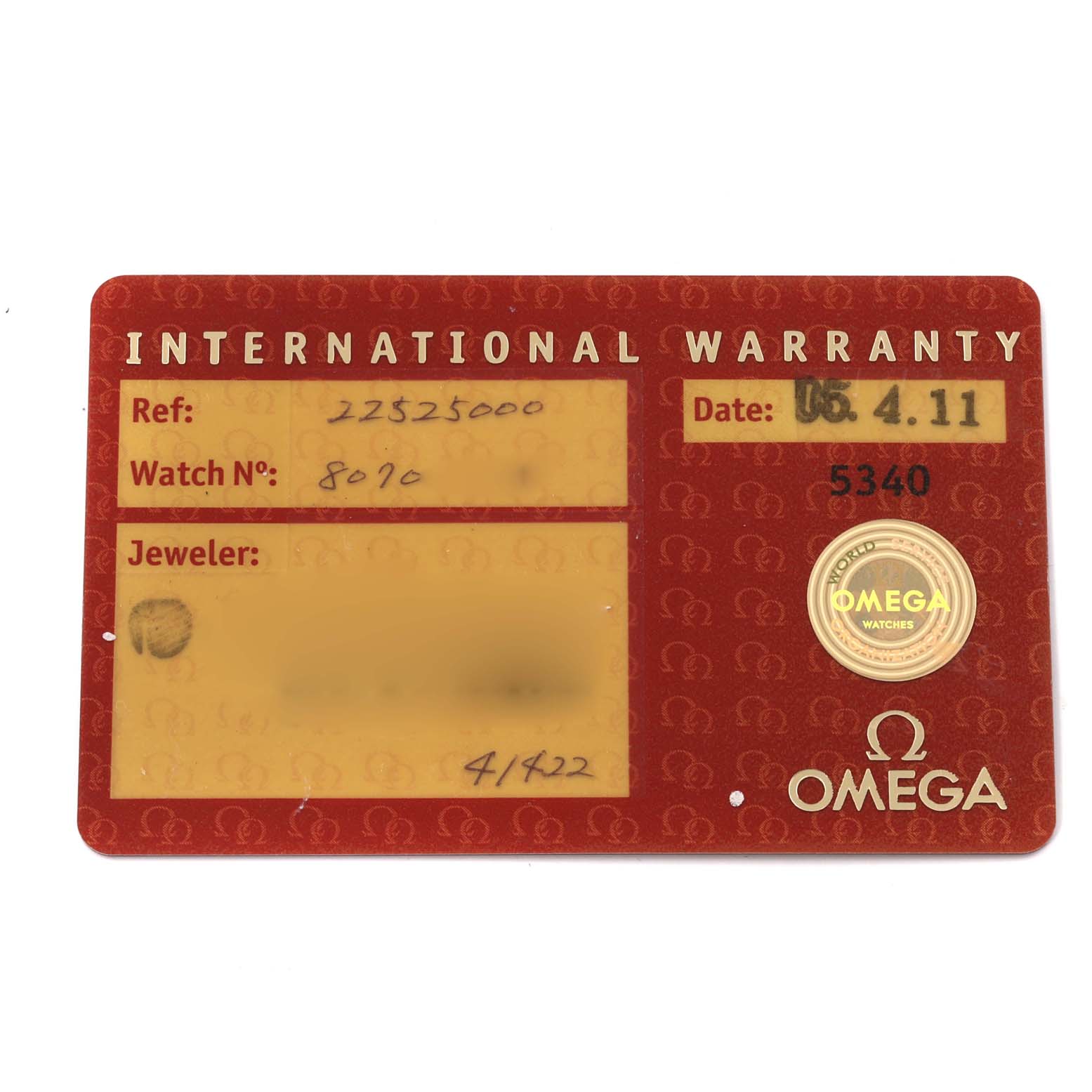 The image shows an international warranty card for the Omega Seamaster 2252.50.00 Men's Stainless Steel Black Dial 2252.50.00 Men's Stainless Steel Black Dial watch model.