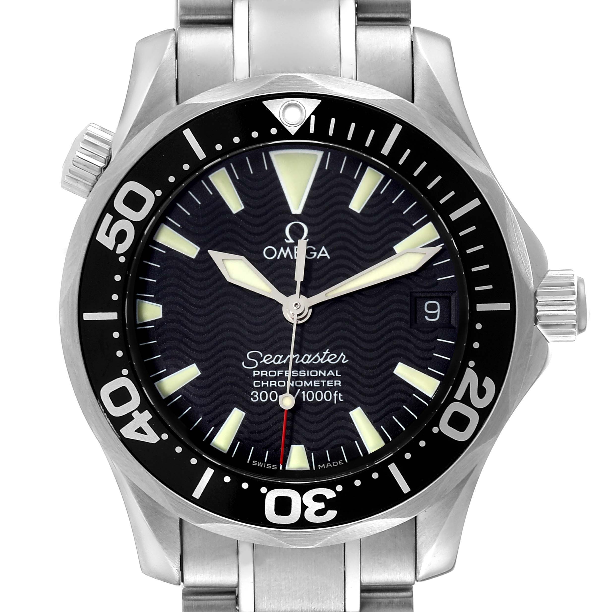 The image shows a front angle of an Omega Seamaster 2252.50.00 Men's Stainless Steel Black Dial 2252.50.00 Men's Stainless Steel Black Dial watch, displaying its face, bezel, and part of the stainless steel bracelet.