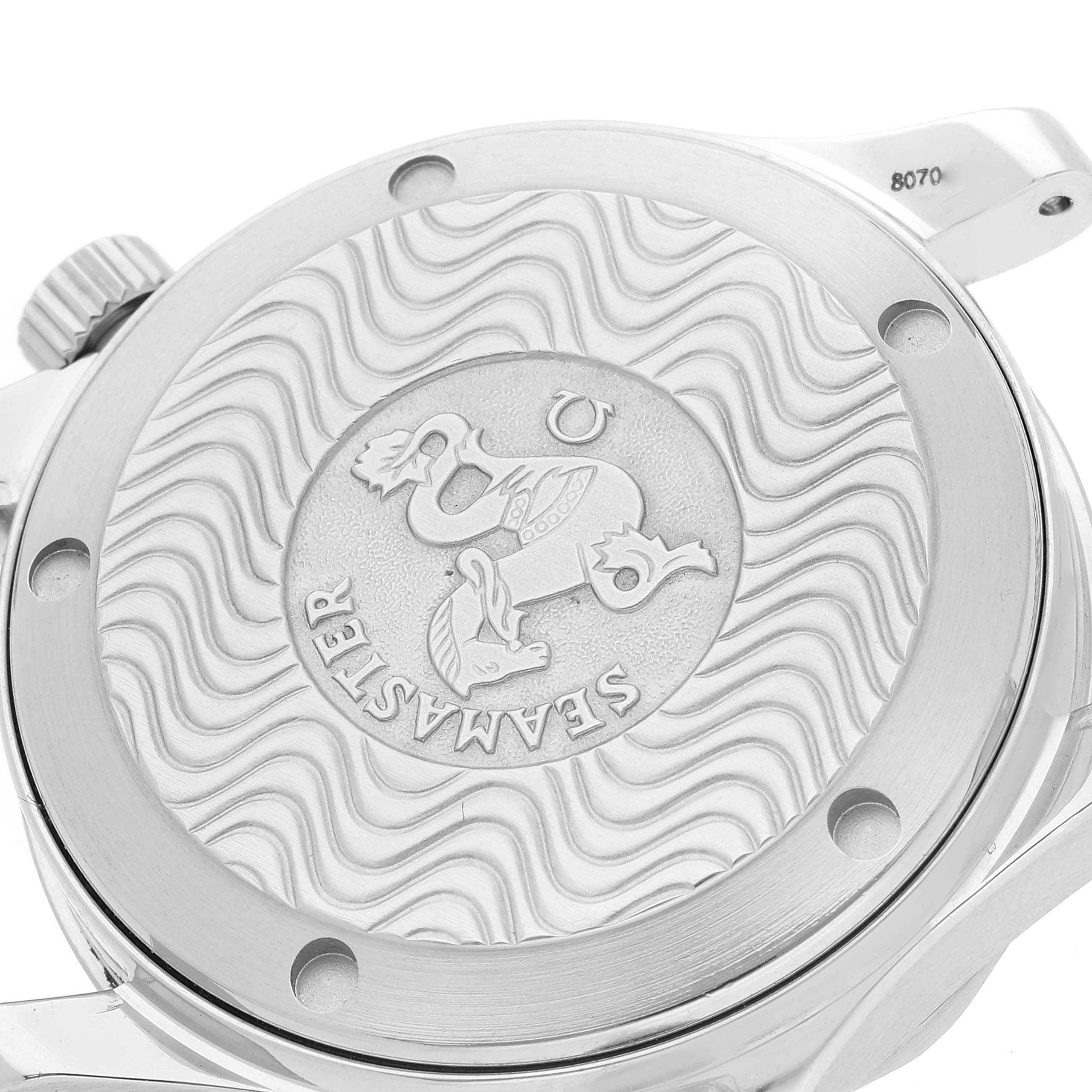 This image shows the case back of an Omega Seamaster 2252.50.00 Men's Stainless Steel Black Dial 2252.50.00 Men's Stainless Steel Black Dial watch, featuring a detailed engraved design.