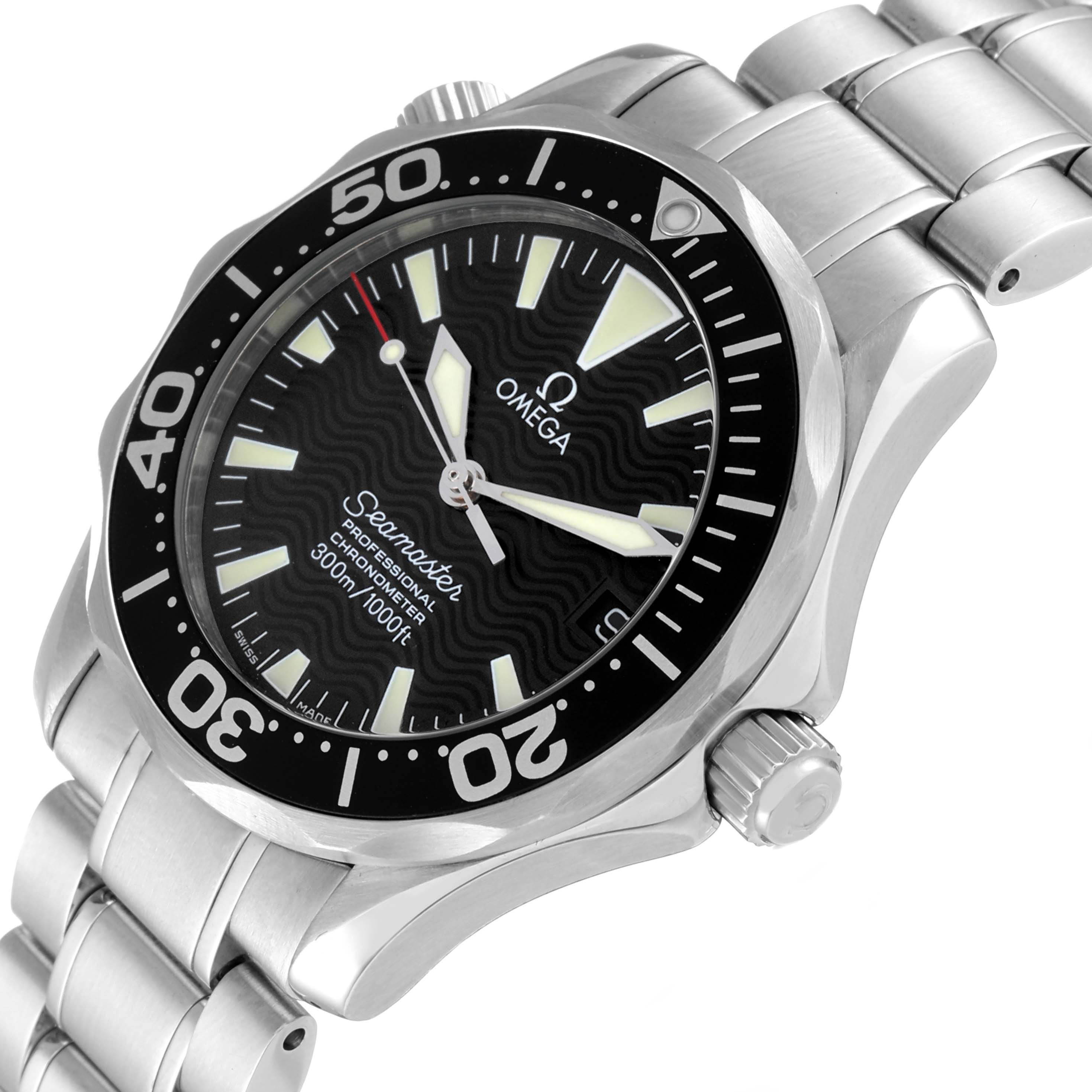 The image shows the Omega Seamaster 2252.50.00 Men's Stainless Steel Black Dial 2252.50.00 Men's Stainless Steel Black Dial watch at a slight angle, highlighting the face, bezel, crown, and part of the bracelet.