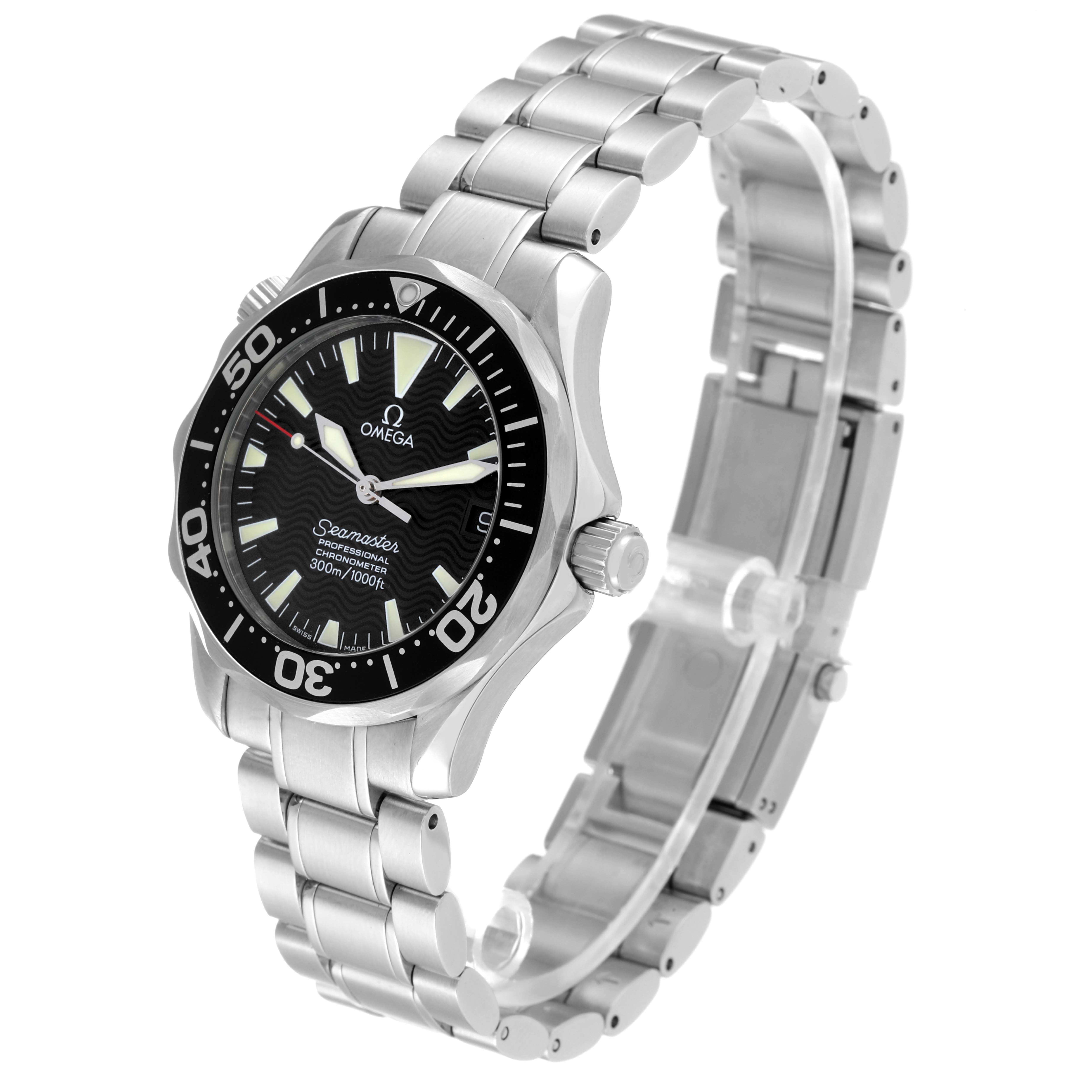 The image shows an Omega Seamaster 2252.50.00 Men's Stainless Steel Black Dial 2252.50.00 Men's Stainless Steel Black Dial watch at a tilted angle, highlighting the face, bezel, crown, and stainless steel bracelet.