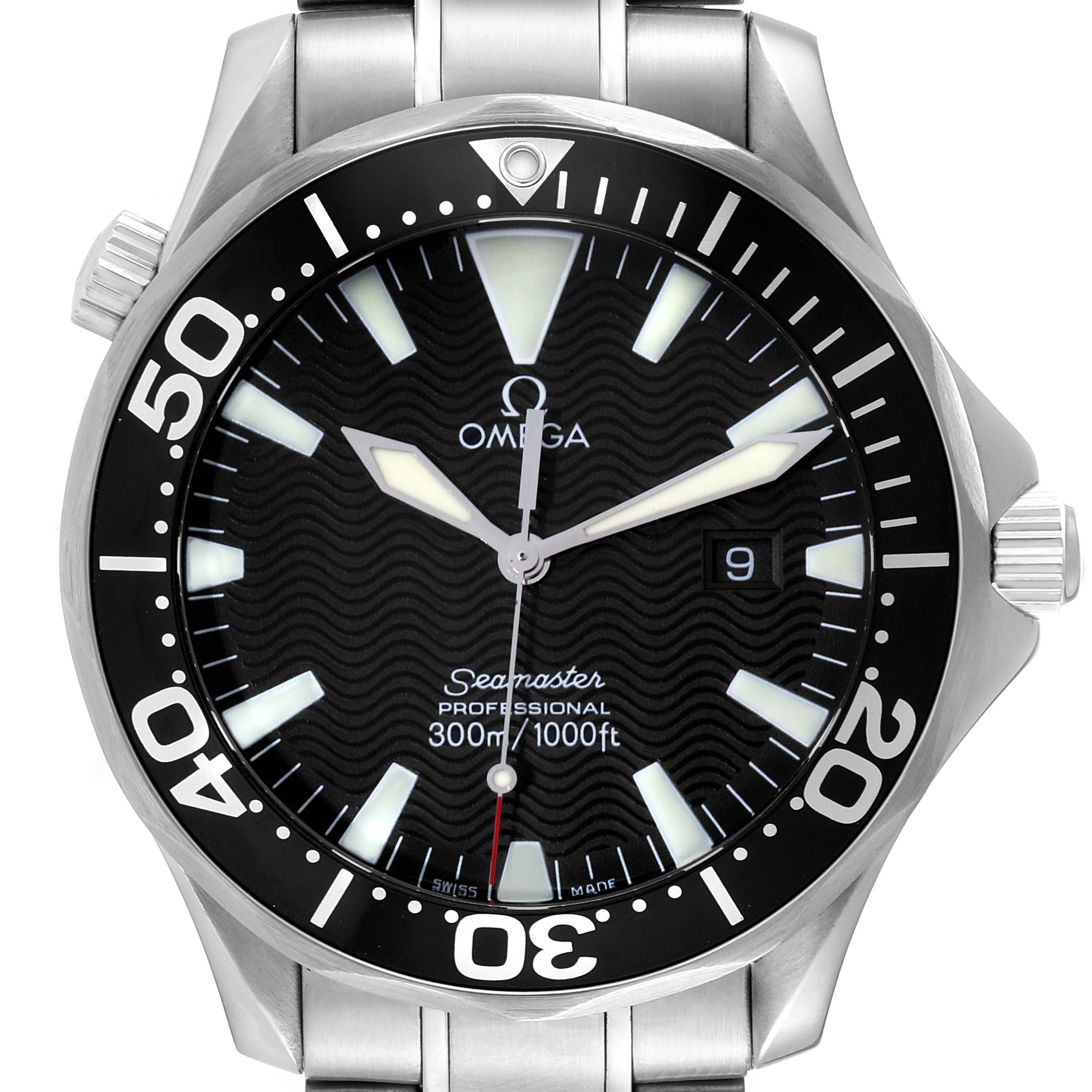 The image shows the front view of an Omega Seamaster 2264.50.00 Men's Stainless Steel Black Dial 2264.50.00 Men's Stainless Steel Black Dial watch, highlighting the dial, hands, bezel, and part of the bracelet.