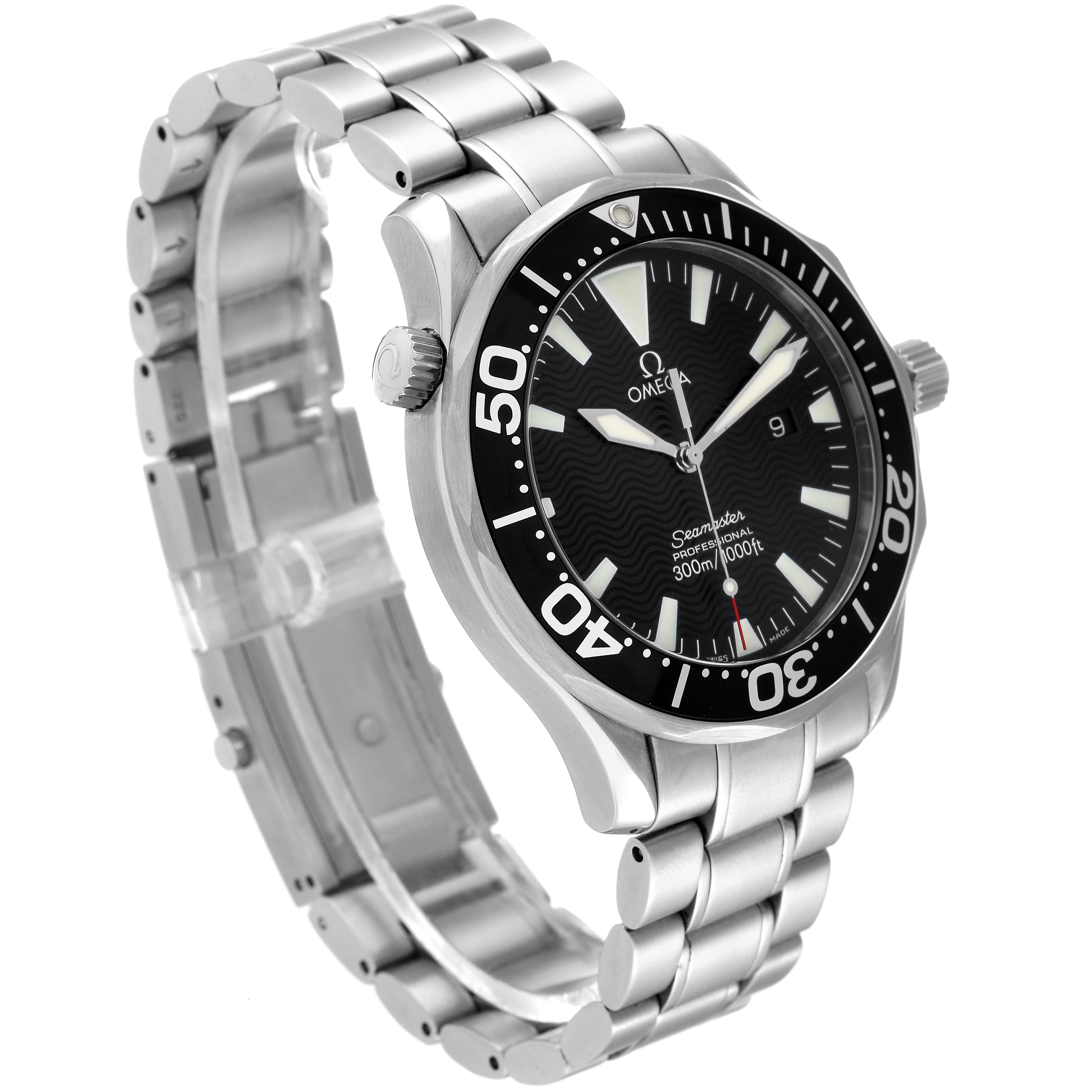 The Omega Seamaster 2264.50.00 Men's Stainless Steel Black Dial 2264.50.00 Men's Stainless Steel Black Dial watch is shown in an angled side view, highlighting the bezel, dial, crown, and metal bracelet.