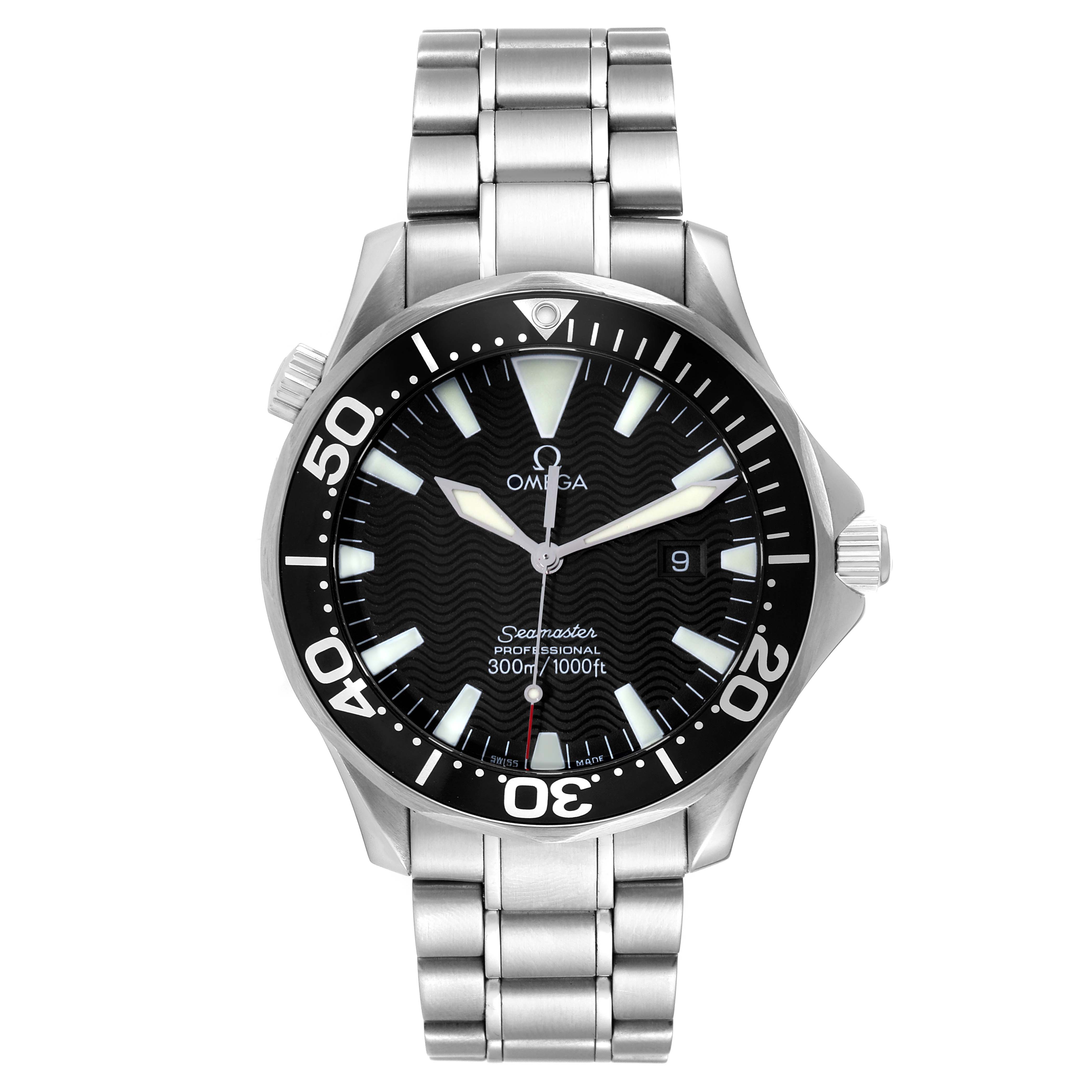 The image shows a front view of an Omega Seamaster 2264.50.00 Men's Stainless Steel Black Dial 2264.50.00 Men's Stainless Steel Black Dial watch, focusing on the dial, bezel, bracelet, and crown.