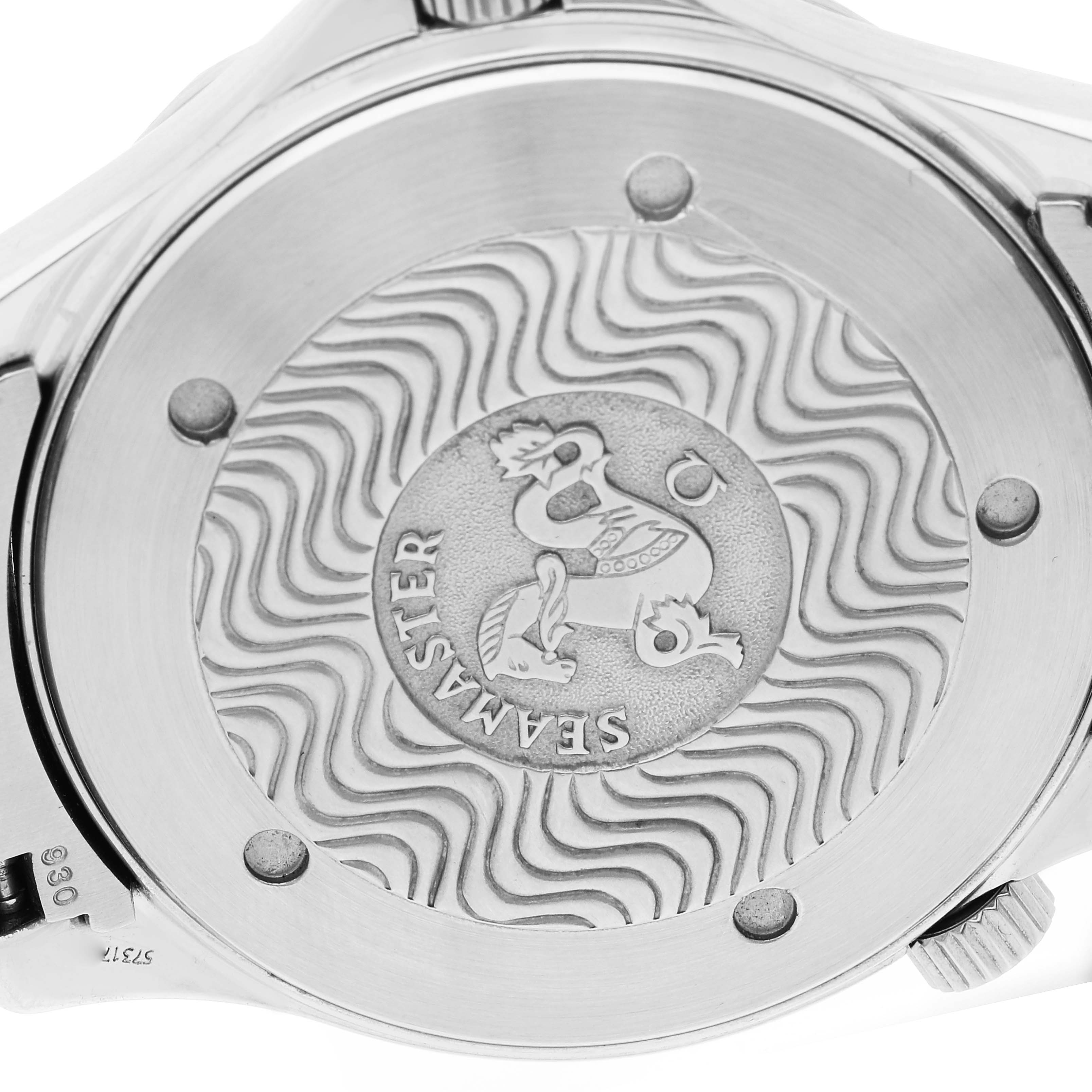 This image shows the case back of an Omega Seamaster 2264.50.00 Men's Stainless Steel Black Dial 2264.50.00 Men's Stainless Steel Black Dial watch featuring the iconic wavy pattern and emblem.
