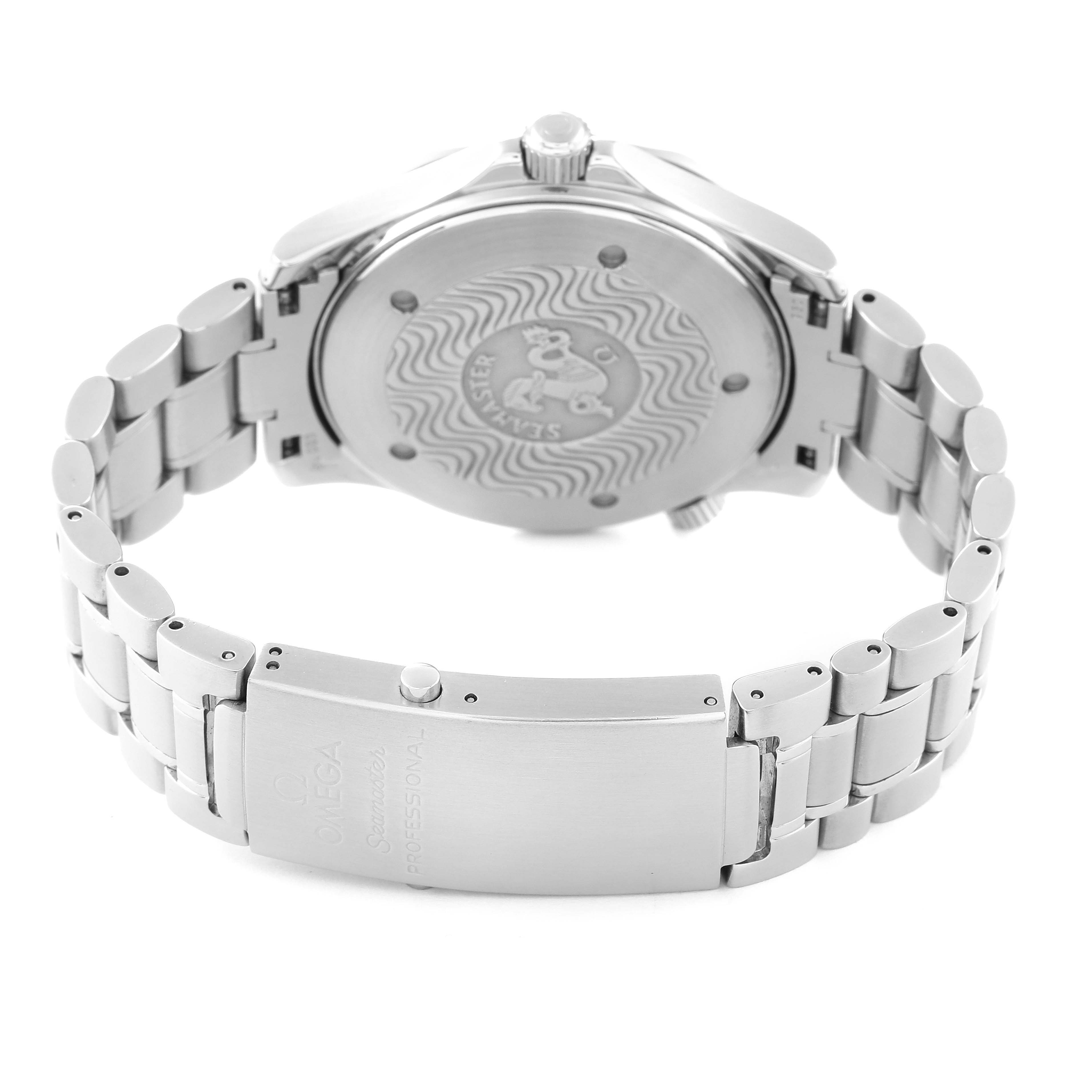 The image shows the back view of an Omega Seamaster 2264.50.00 Men's Stainless Steel Black Dial 2264.50.00 Men's Stainless Steel Black Dial model watch, including its stainless steel case back and bracelet with clasp.