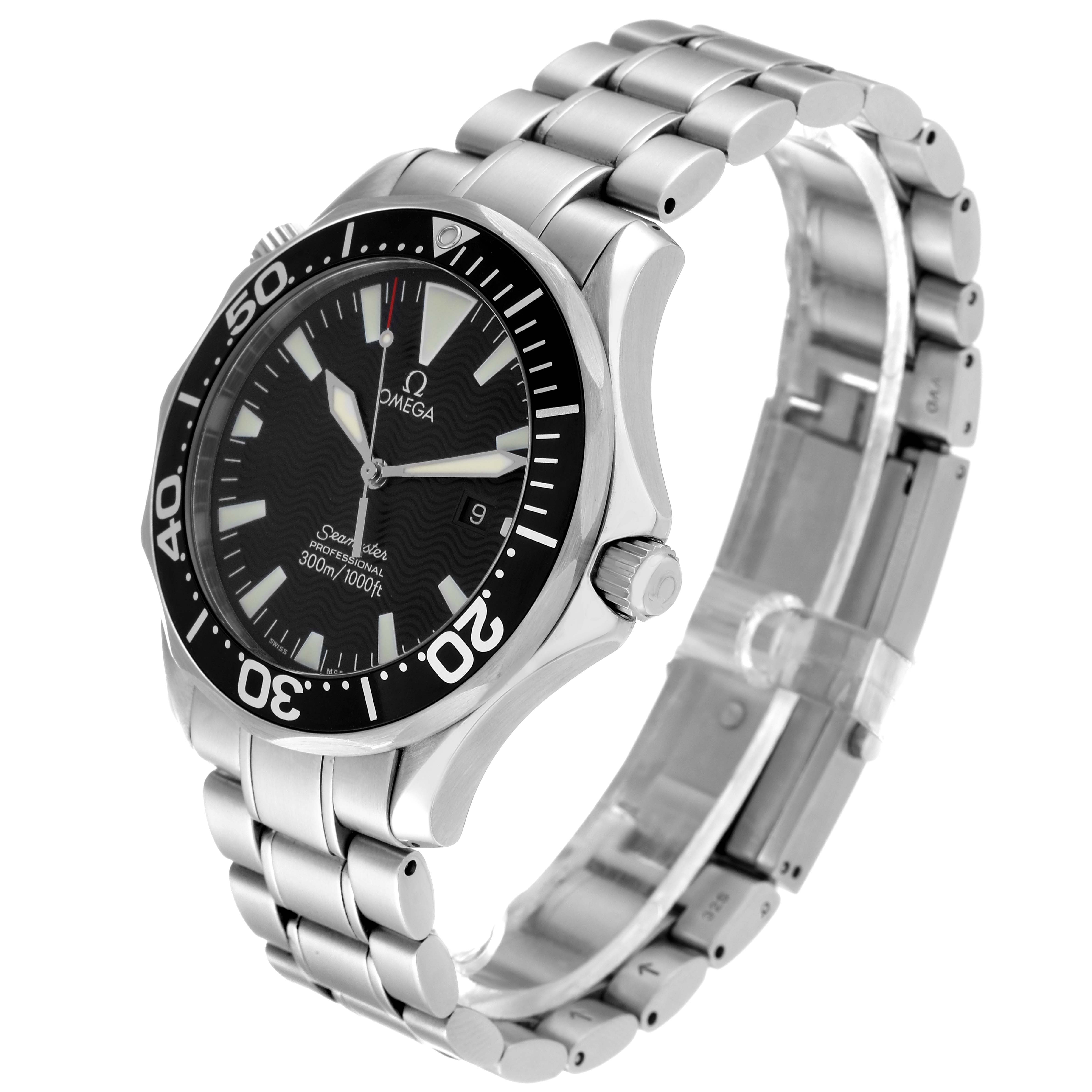 The image shows a side view of the Omega Seamaster 2264.50.00 Men's Stainless Steel Black Dial 2264.50.00 Men's Stainless Steel Black Dial watch, highlighting its stainless steel bracelet, bezel, and crown.