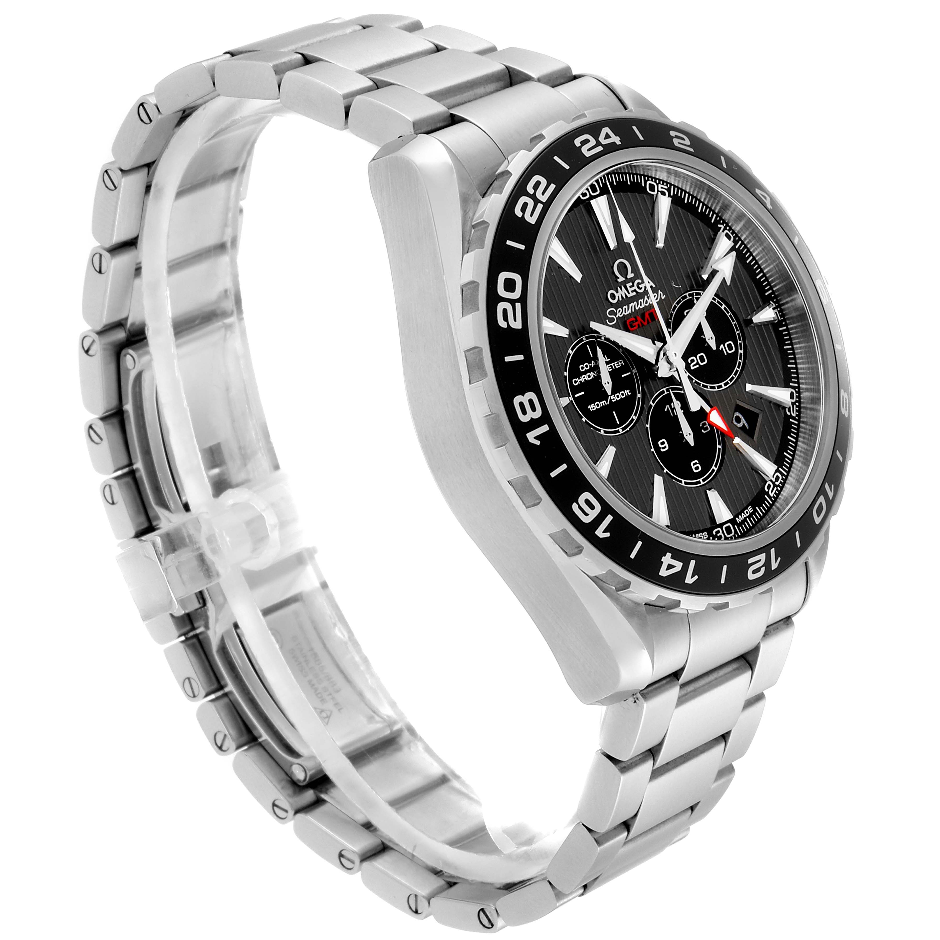 The Omega Aqua Terra 231.10.44.52.06.001 Men's Stainless Steel Grey Dial 231.10.44.52.06.001 Men's Stainless Steel Grey Dial watch is shown at a three-quarter angle, highlighting the face, bezel, and metal bracelet.