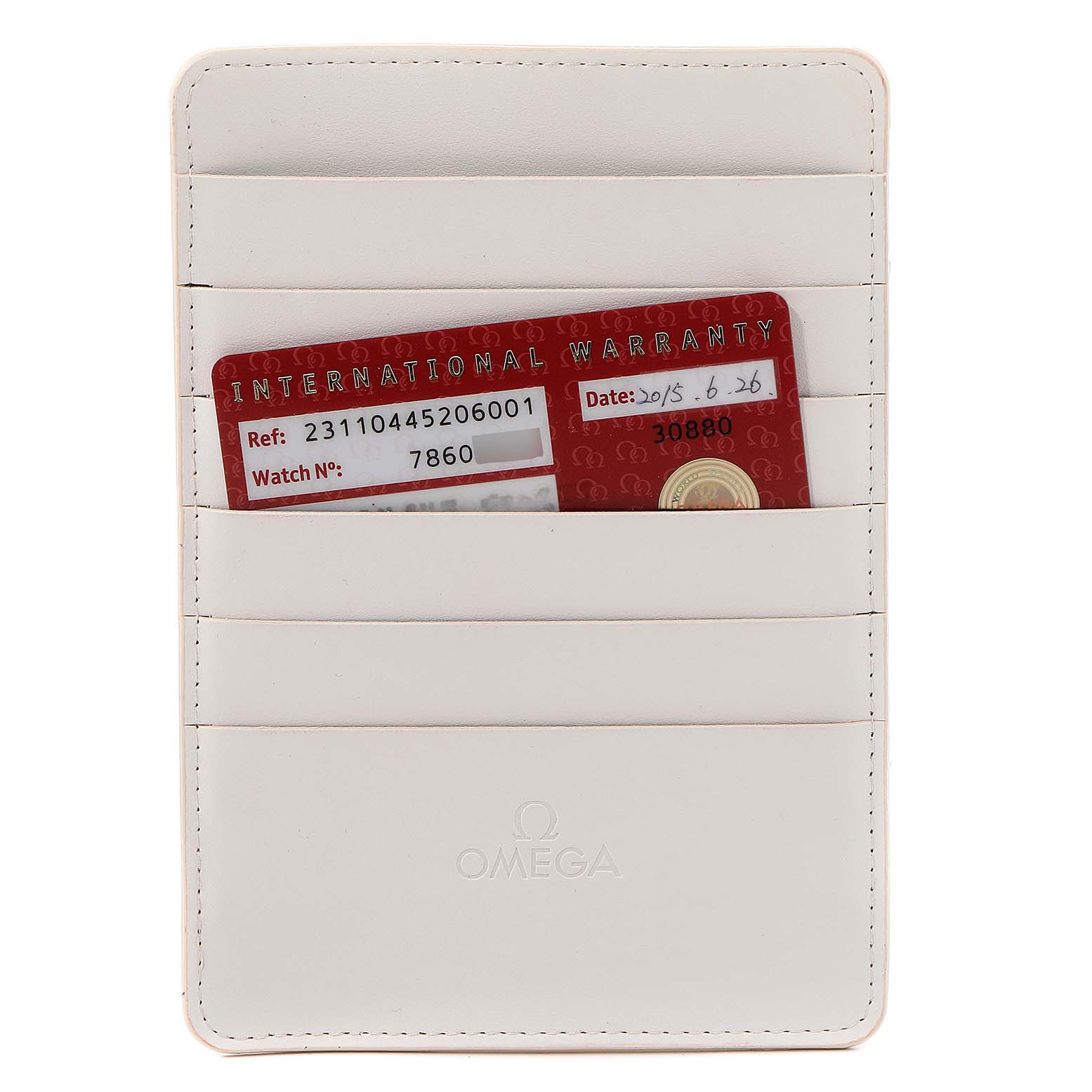 The image shows a warranty card holder for the Omega Aqua Terra 231.10.44.52.06.001 Men's Stainless Steel Grey Dial 231.10.44.52.06.001 Men's Stainless Steel Grey Dial watch, viewed from a top-down angle.