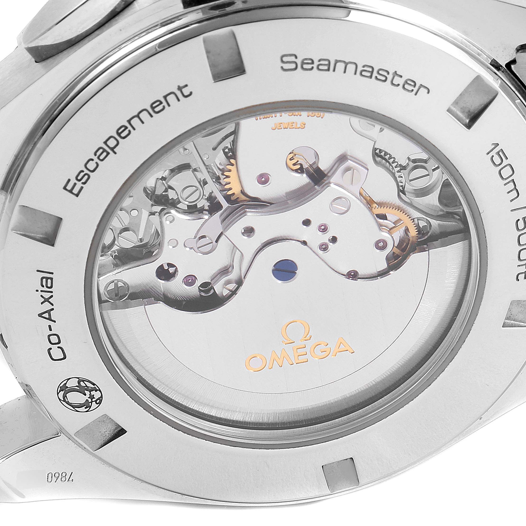 This image shows the back view of an Omega Aqua Terra 231.10.44.52.06.001 Men's Stainless Steel Grey Dial 231.10.44.52.06.001 Men's Stainless Steel Grey Dial watch, highlighting its co-axial escapement and mechanical movement.