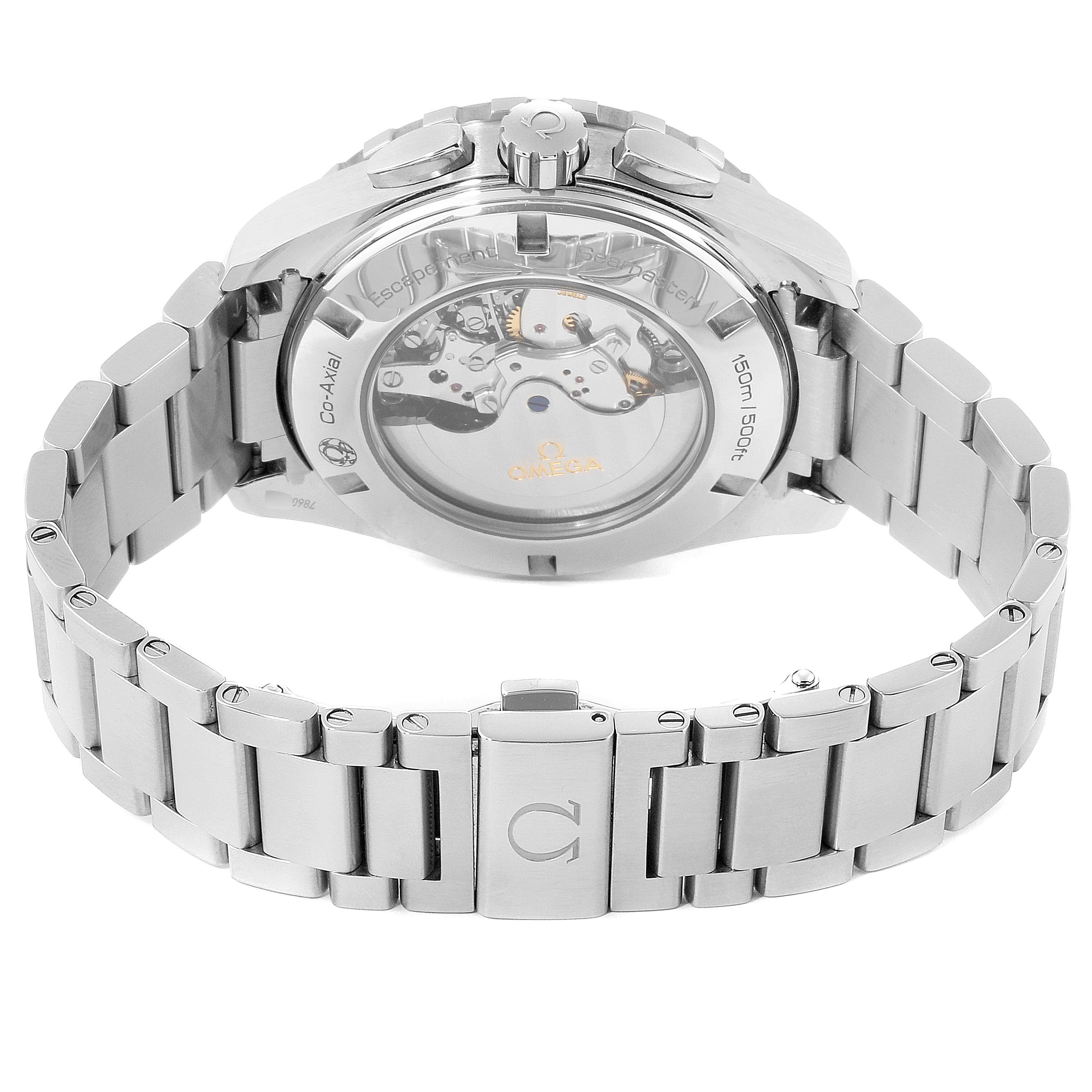 The Omega Aqua Terra 231.10.44.52.06.001 Men's Stainless Steel Grey Dial 231.10.44.52.06.001 Men's Stainless Steel Grey Dial model watch is shown from the back, highlighting its transparent case back and metal bracelet.