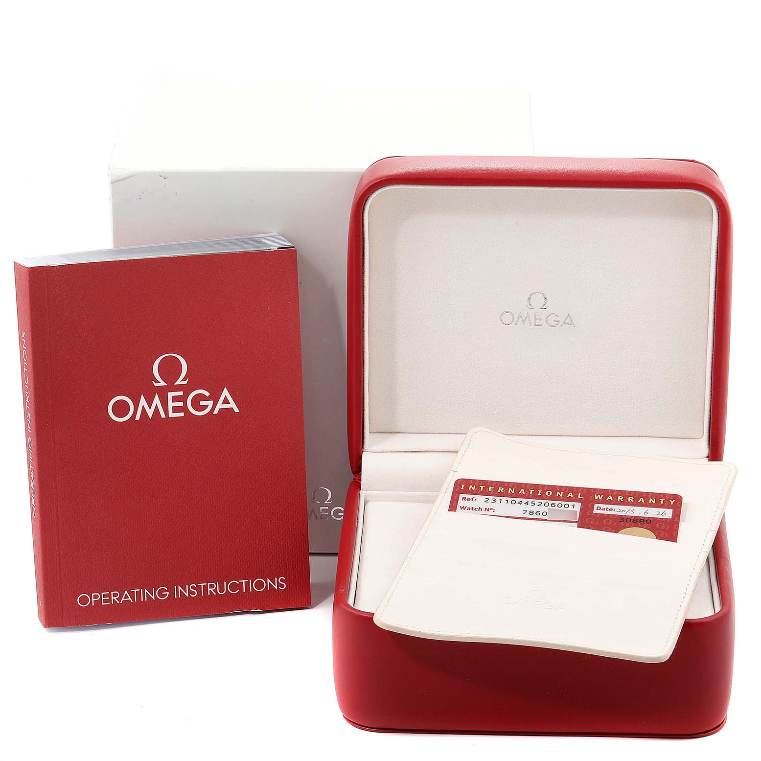 The image shows the packaging of an Omega Aqua Terra 231.10.44.52.06.001 Men's Stainless Steel Grey Dial 231.10.44.52.06.001 Men's Stainless Steel Grey Dial watch including the box, operating instructions, and warranty card.