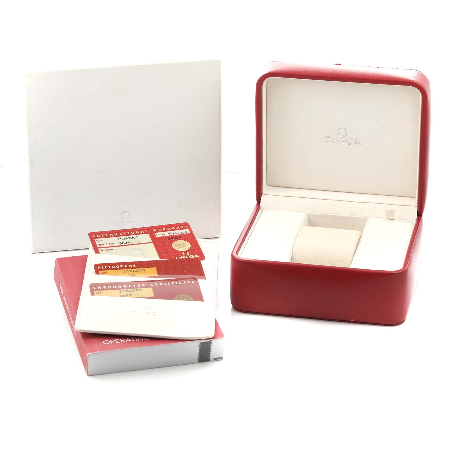 The Omega Seamaster 2538.20.00 Men
s Stainless Steel White Dial watch accessories include a red box, warranty and certificate cards, and a manual.