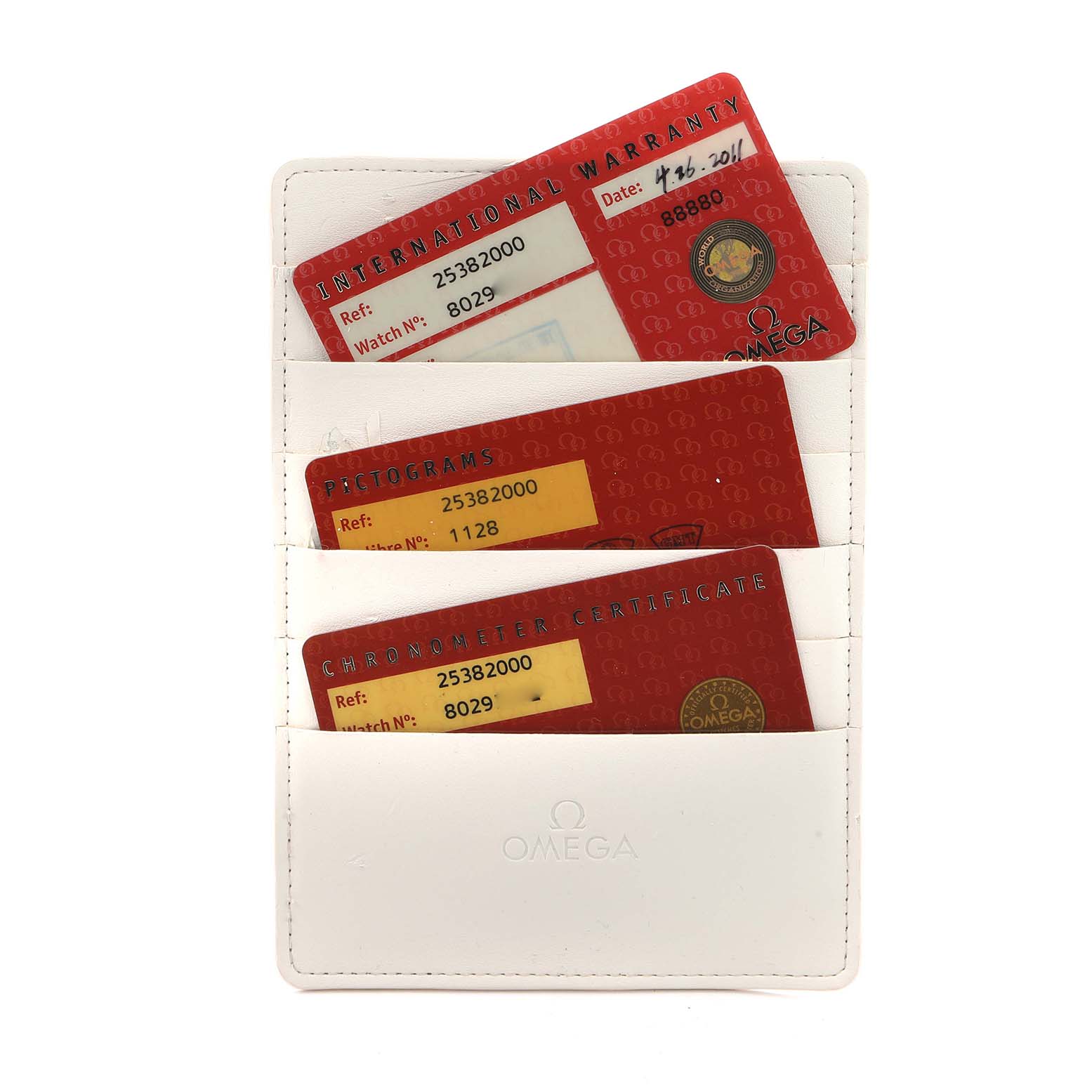 The image shows Omega Seamaster 2538.20.00 Men
s Stainless Steel White Dial model warranty and certification cards in a branded white cardholder.