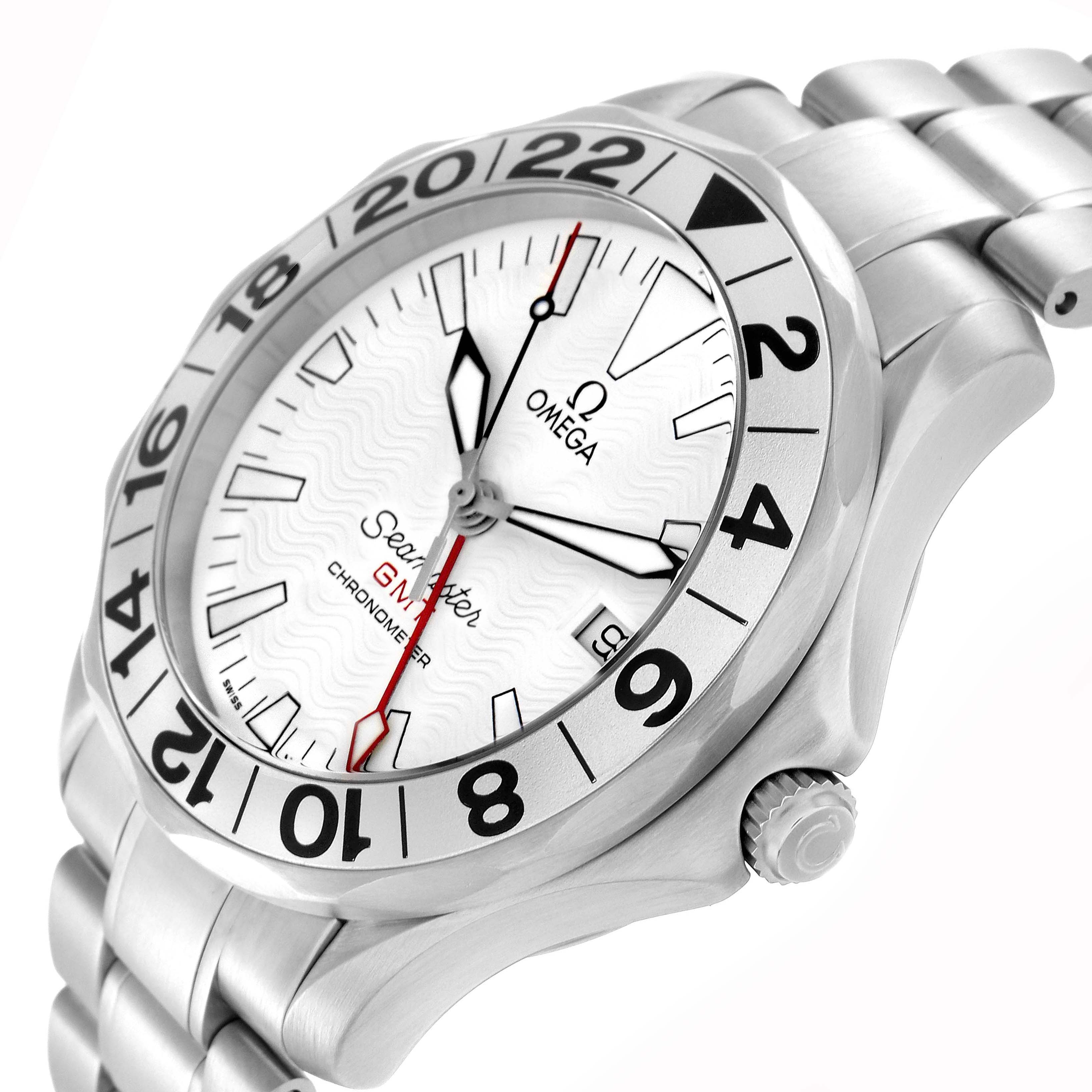 The Omega Seamaster 2538.20.00 Men
s Stainless Steel White Dial is shown from a three-quarter angle, highlighting the dial, bezel, crown, and bracelet.