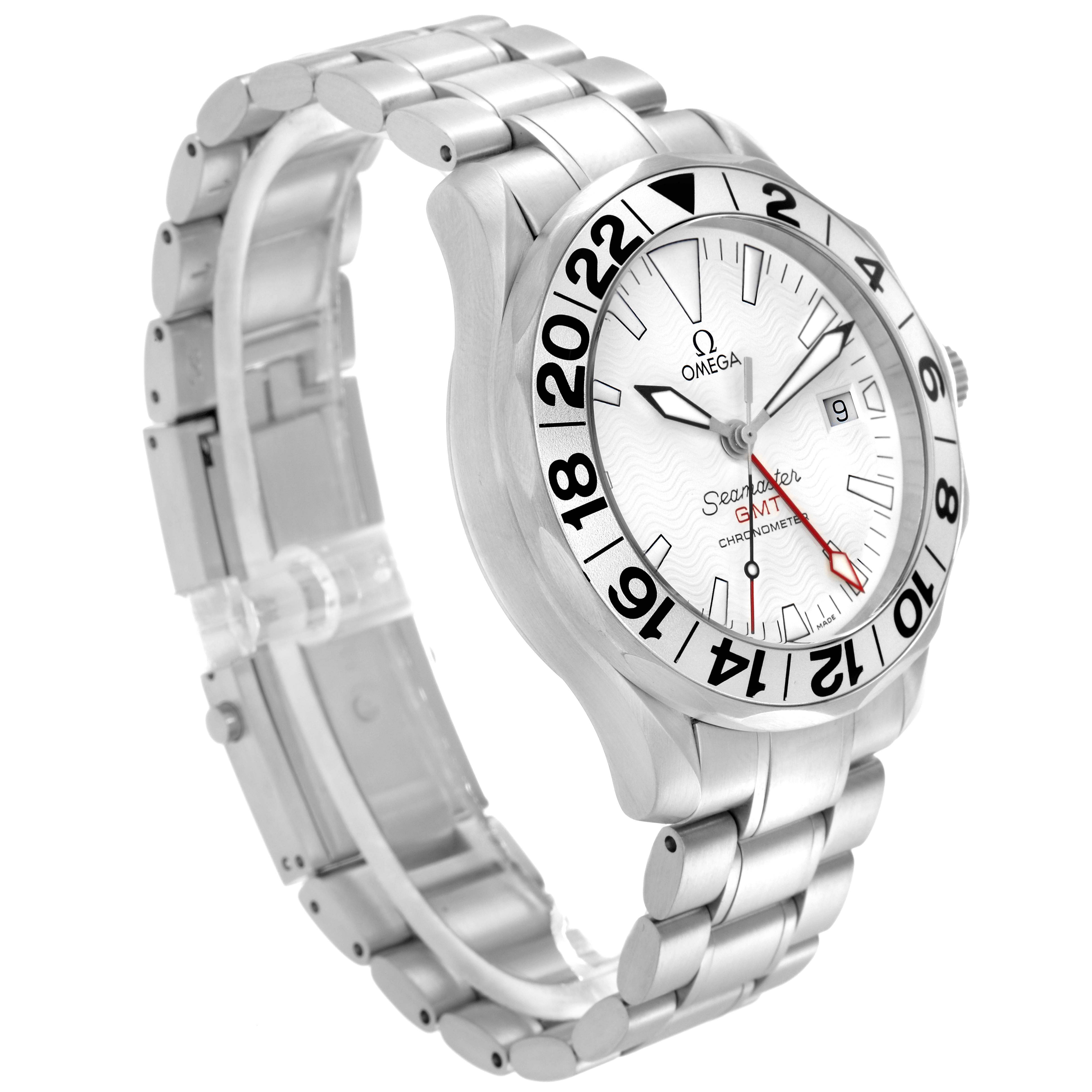 The Omega Seamaster 2538.20.00 Men
s Stainless Steel White Dial watch is shown at a three-quarter angle, highlighting the face, bezel, and bracelet.