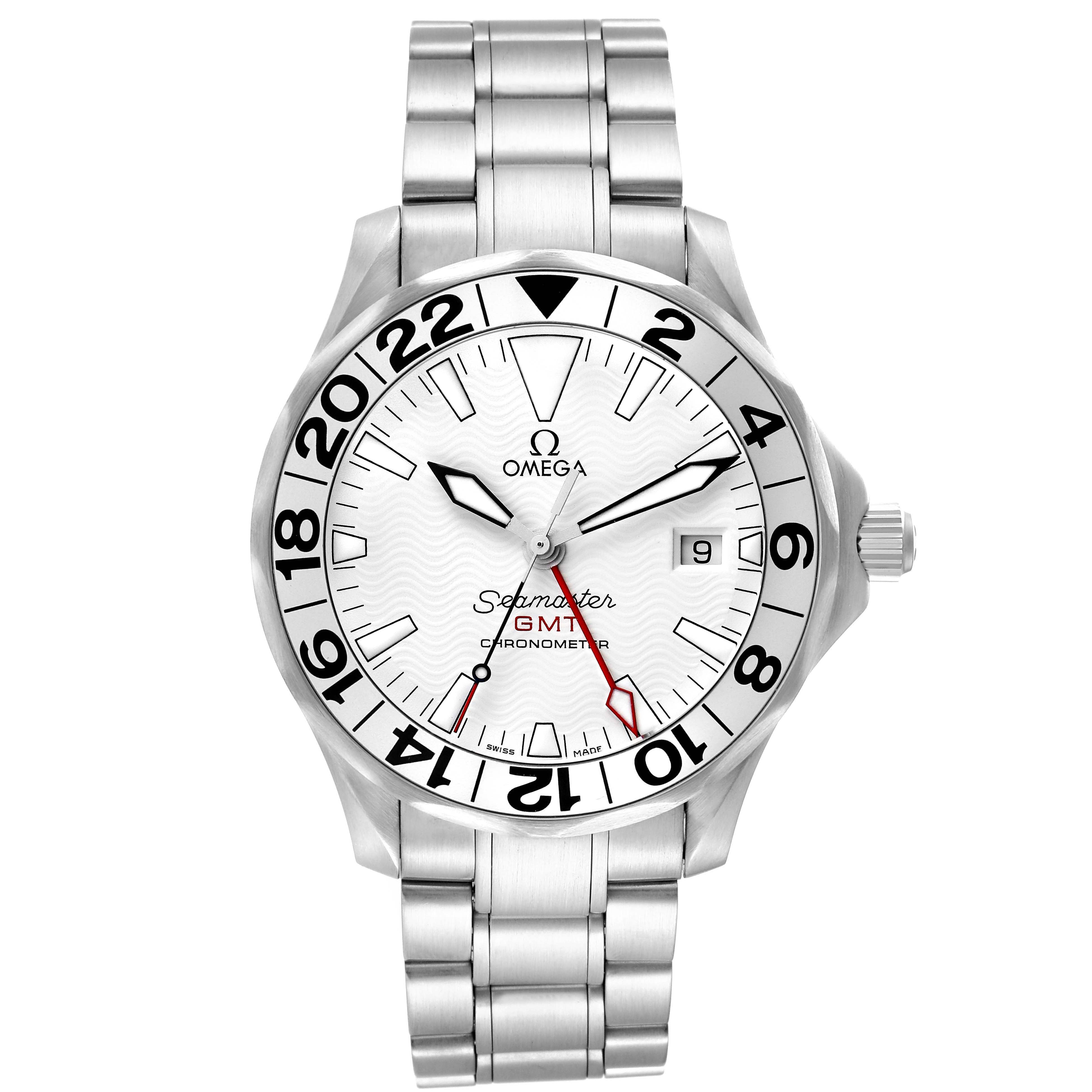 The Omega Seamaster 2538.20.00 Men
s Stainless Steel White Dial watch is shown from a frontal angle, displaying the dial, hour markers, hands, bezel, and bracelet.