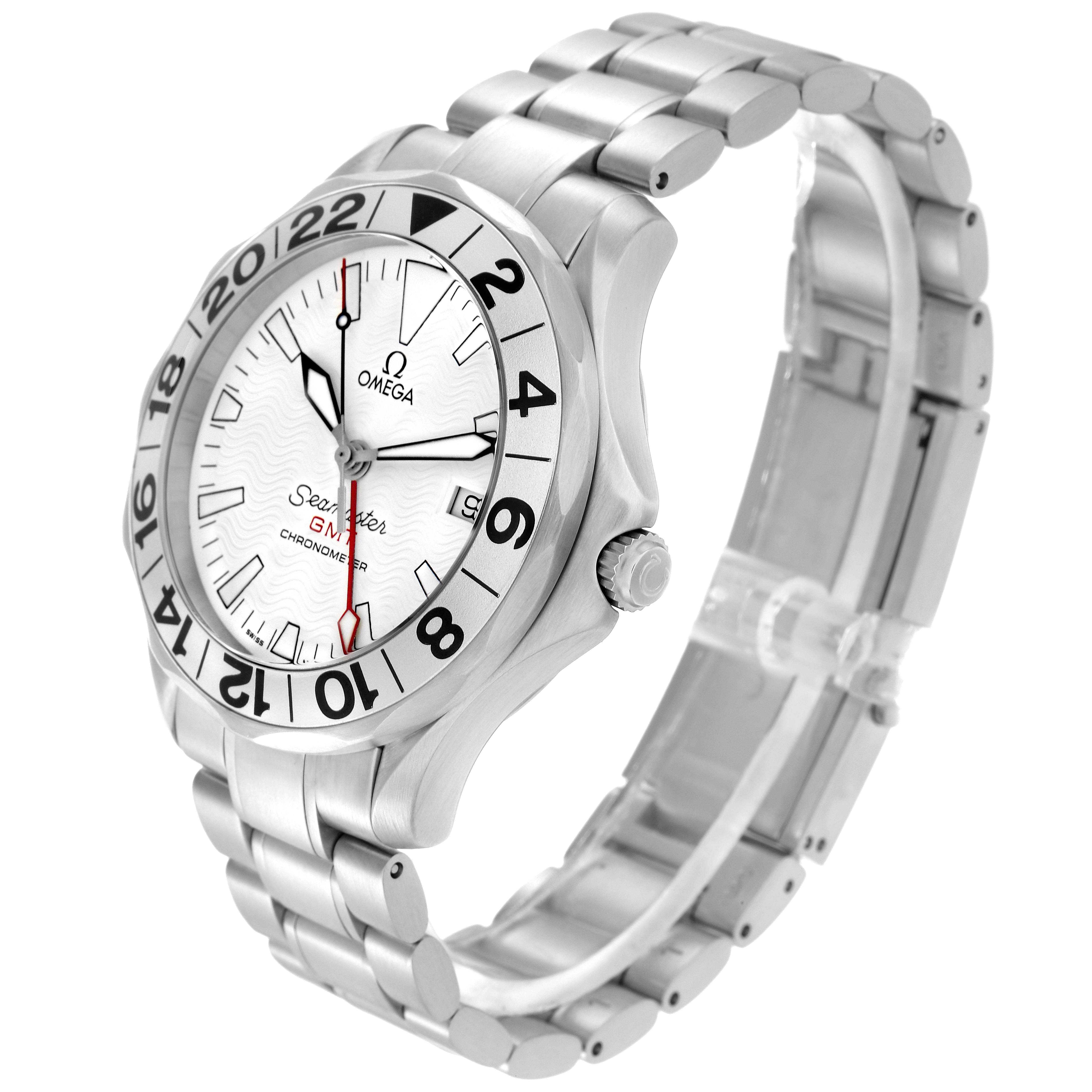 The Omega Seamaster 2538.20.00 Men
s Stainless Steel White Dial watch is shown from a three-quarter angle, highlighting the face, bezel, crown, and bracelet.