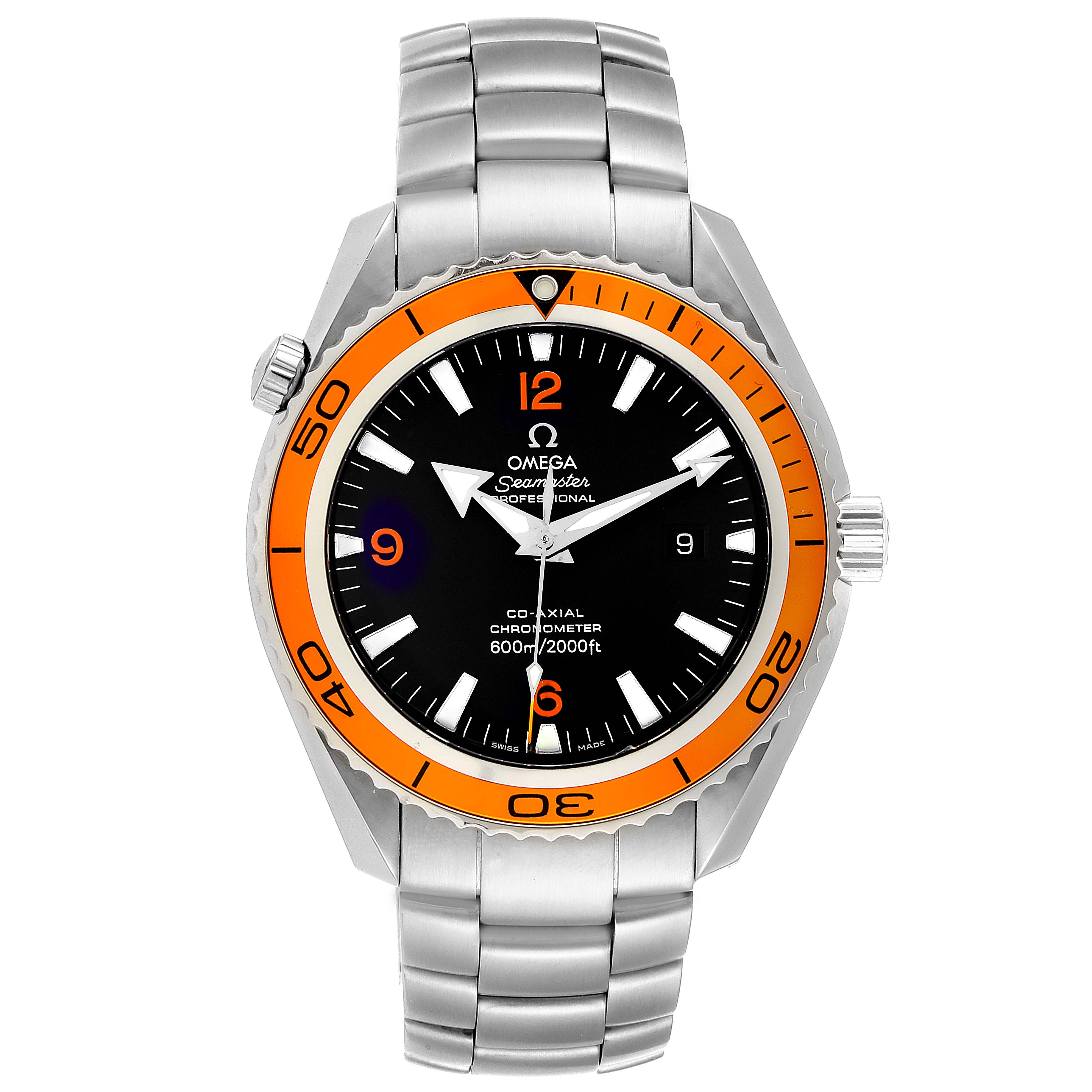 The image shows a front view of an Omega Planet Ocean 232.30.46.21.01.002 Men's Stainless Steel Black Dial 232.30.46.21.01.002 Men's Stainless Steel Black Dial model, displaying the dial, hands, bezel, and bracelet.