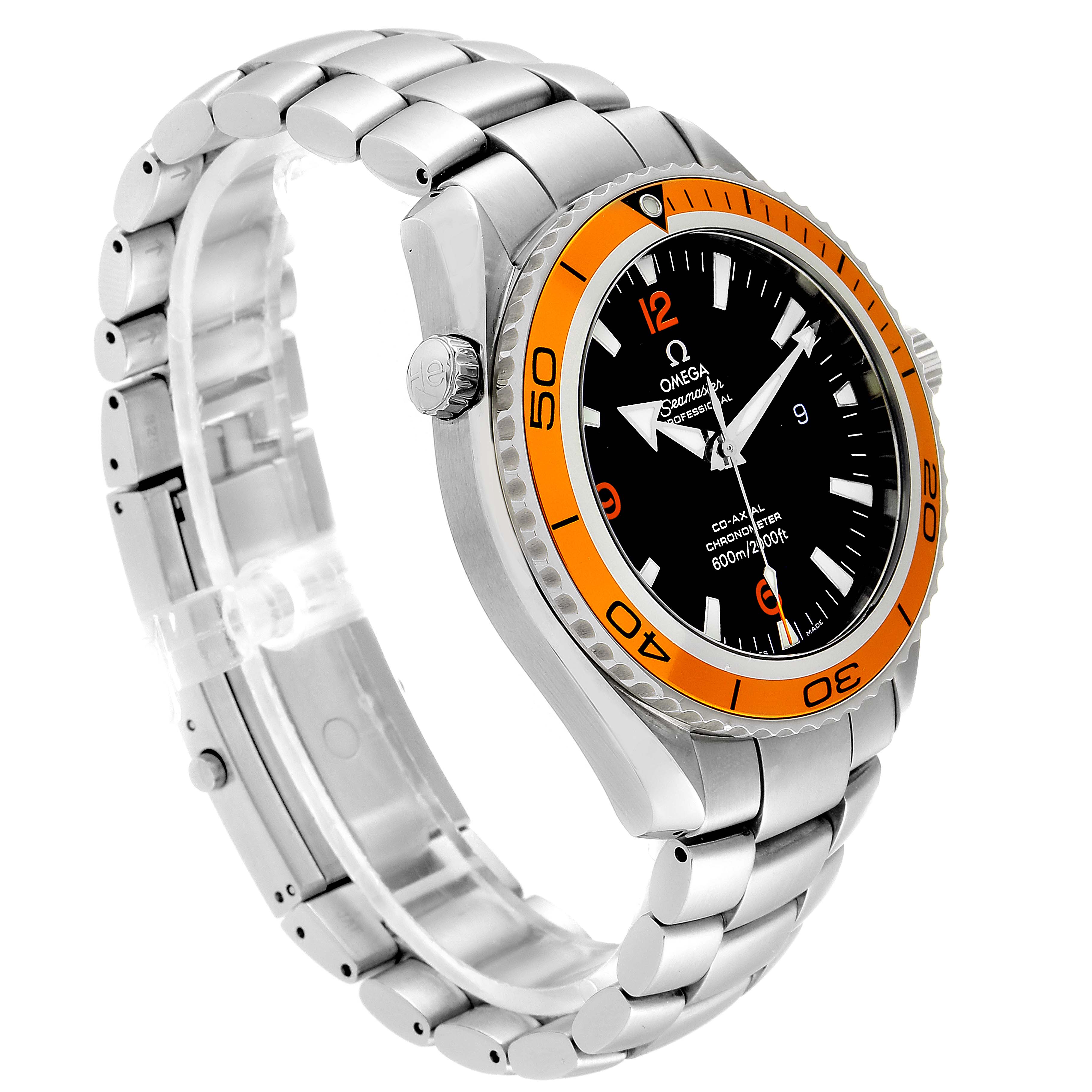 The Omega Planet Ocean 232.30.46.21.01.002 Men's Stainless Steel Black Dial 232.30.46.21.01.002 Men's Stainless Steel Black Dial watch is shown at a 3/4 angle, displaying its face, bezel, crown, and bracelet.