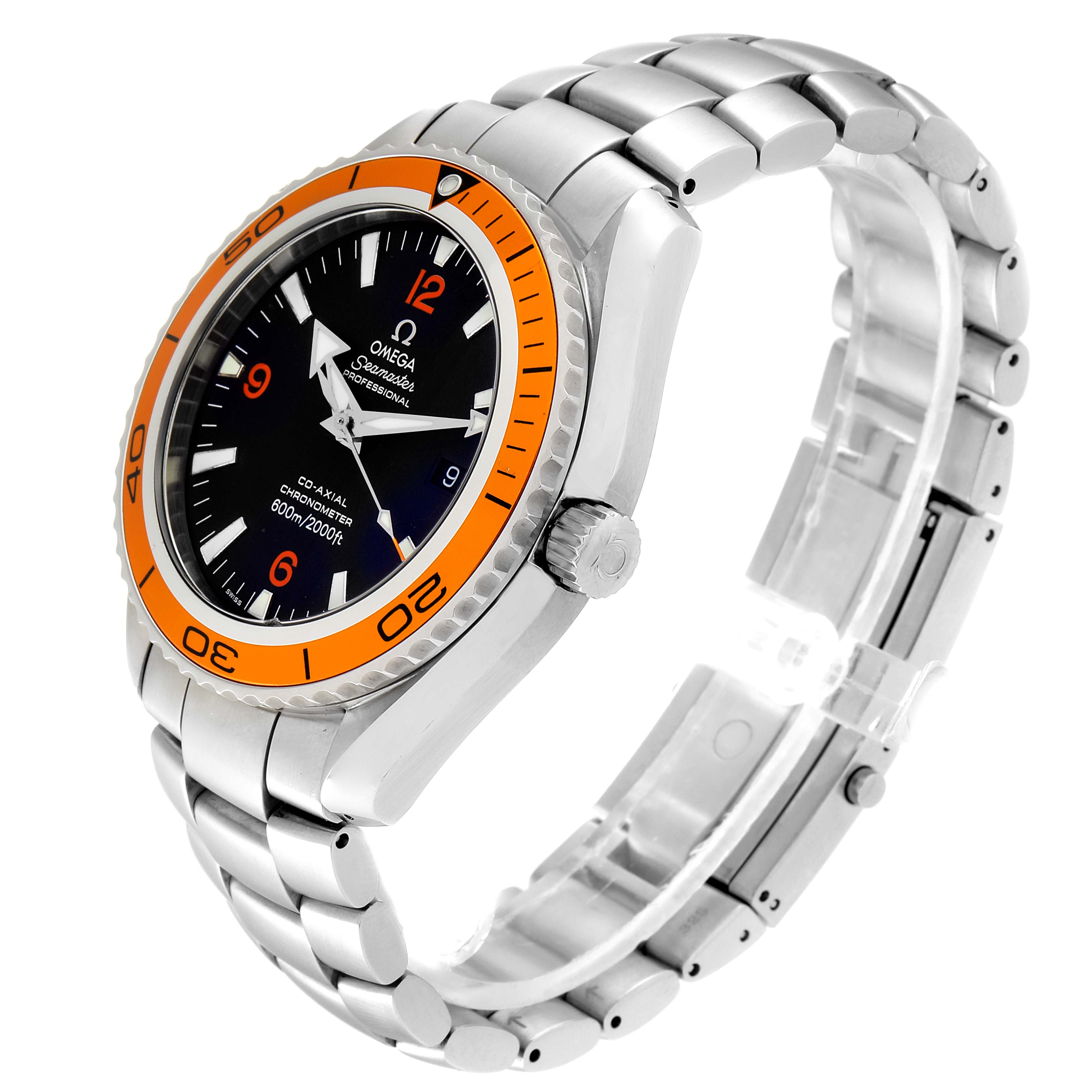 The Omega Planet Ocean 232.30.46.21.01.002 Men's Stainless Steel Black Dial 232.30.46.21.01.002 Men's Stainless Steel Black Dial watch is shown from a three-quarter angle, displaying the face, bezel, and steel bracelet.